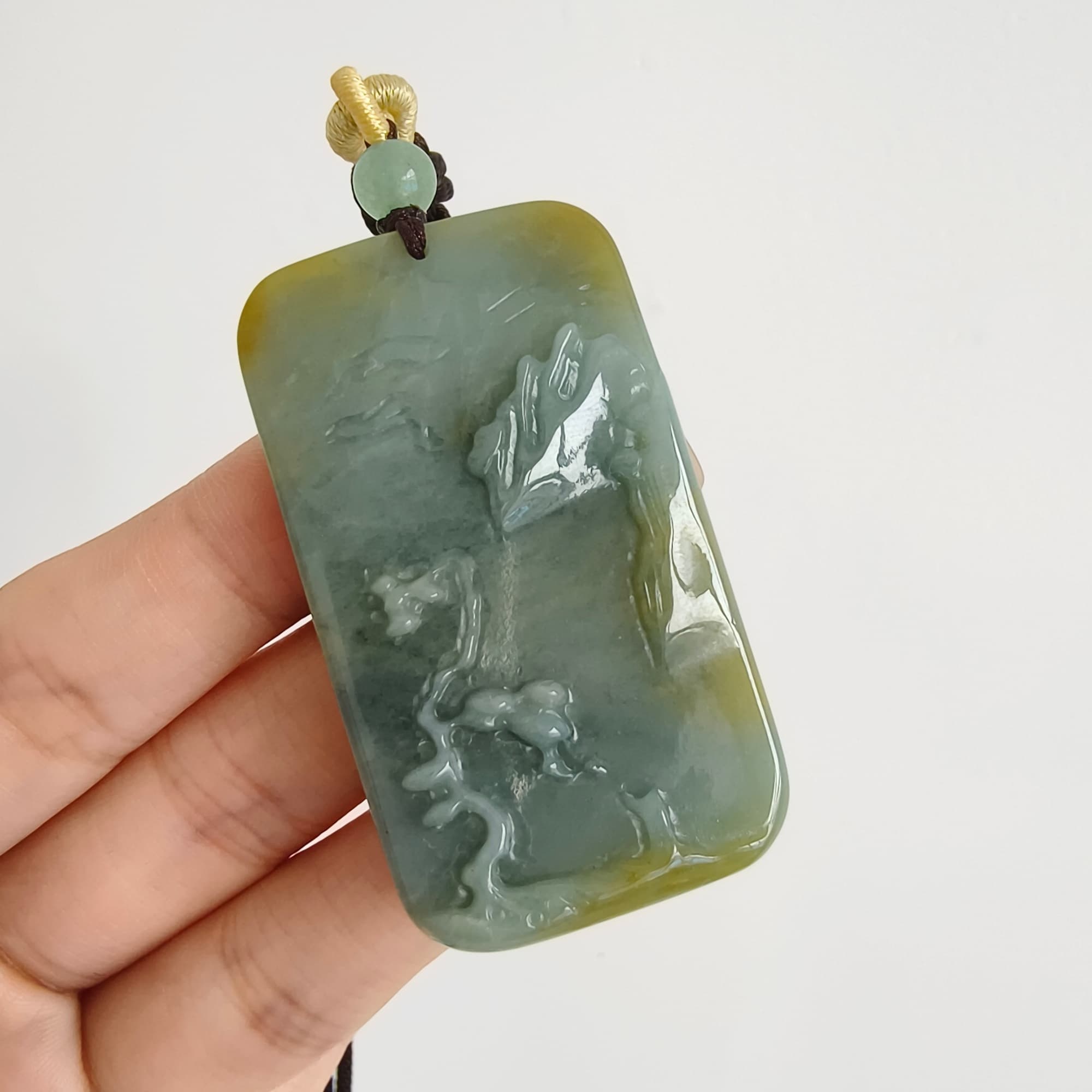 DDP 52.5mm Natural Certificated Blue Yellow Guatemalan Jadeite Rectangle Pendant With Landscape Carved