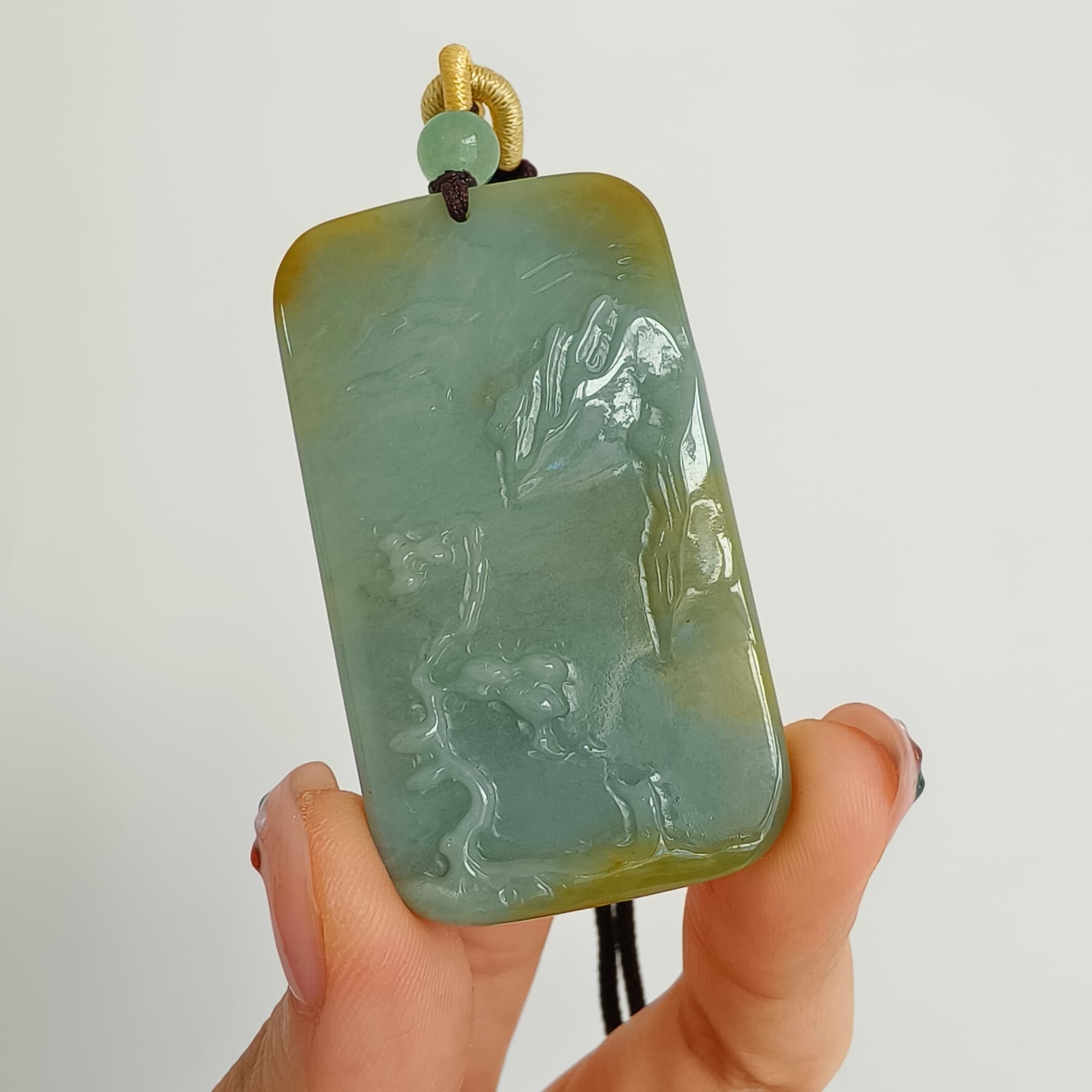 DDP 52.5mm Natural Certificated Blue Yellow Guatemalan Jadeite Rectangle Pendant With Landscape Carved