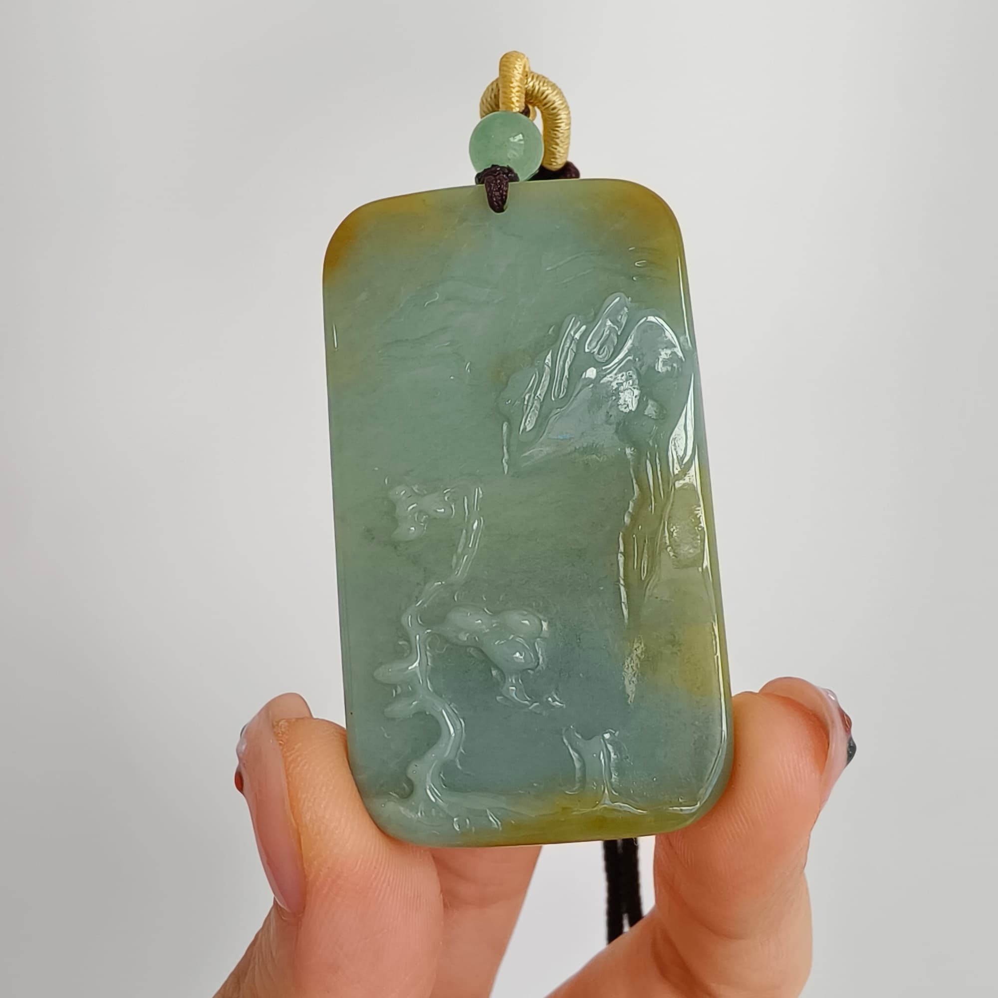 DDP 52.5mm Natural Certificated Blue Yellow Guatemalan Jadeite Rectangle Pendant With Landscape Carved