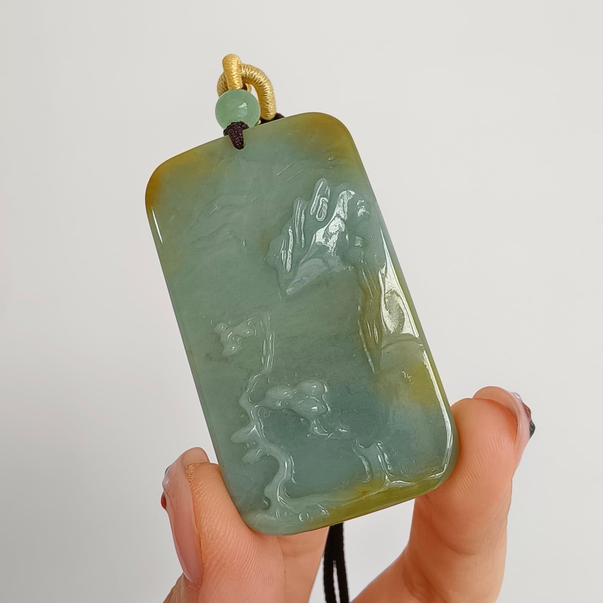 DDP 52.5mm Natural Certificated Blue Yellow Guatemalan Jadeite Rectangle Pendant With Landscape Carved