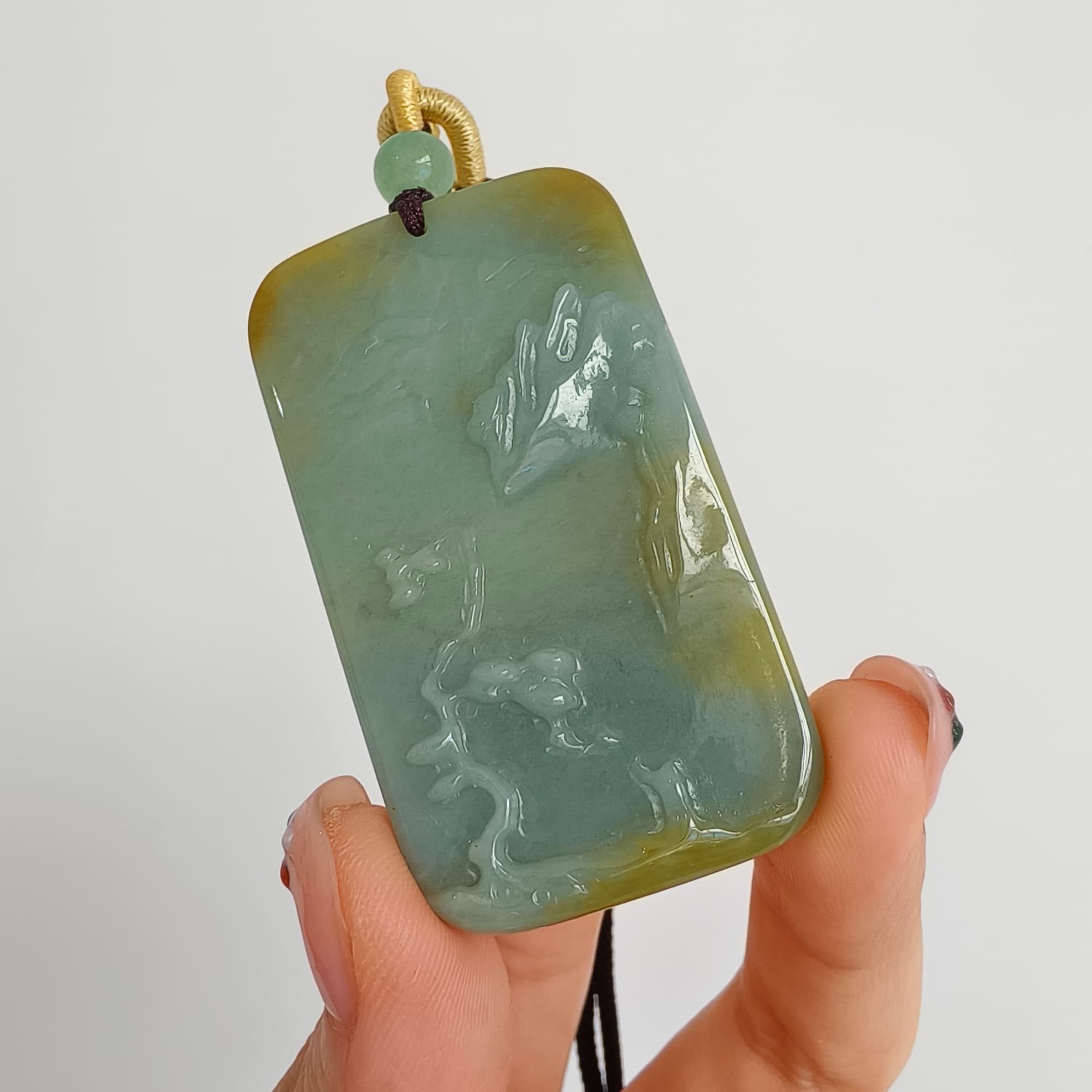 DDP 52.5mm Natural Certificated Blue Yellow Guatemalan Jadeite Rectangle Pendant With Landscape Carved