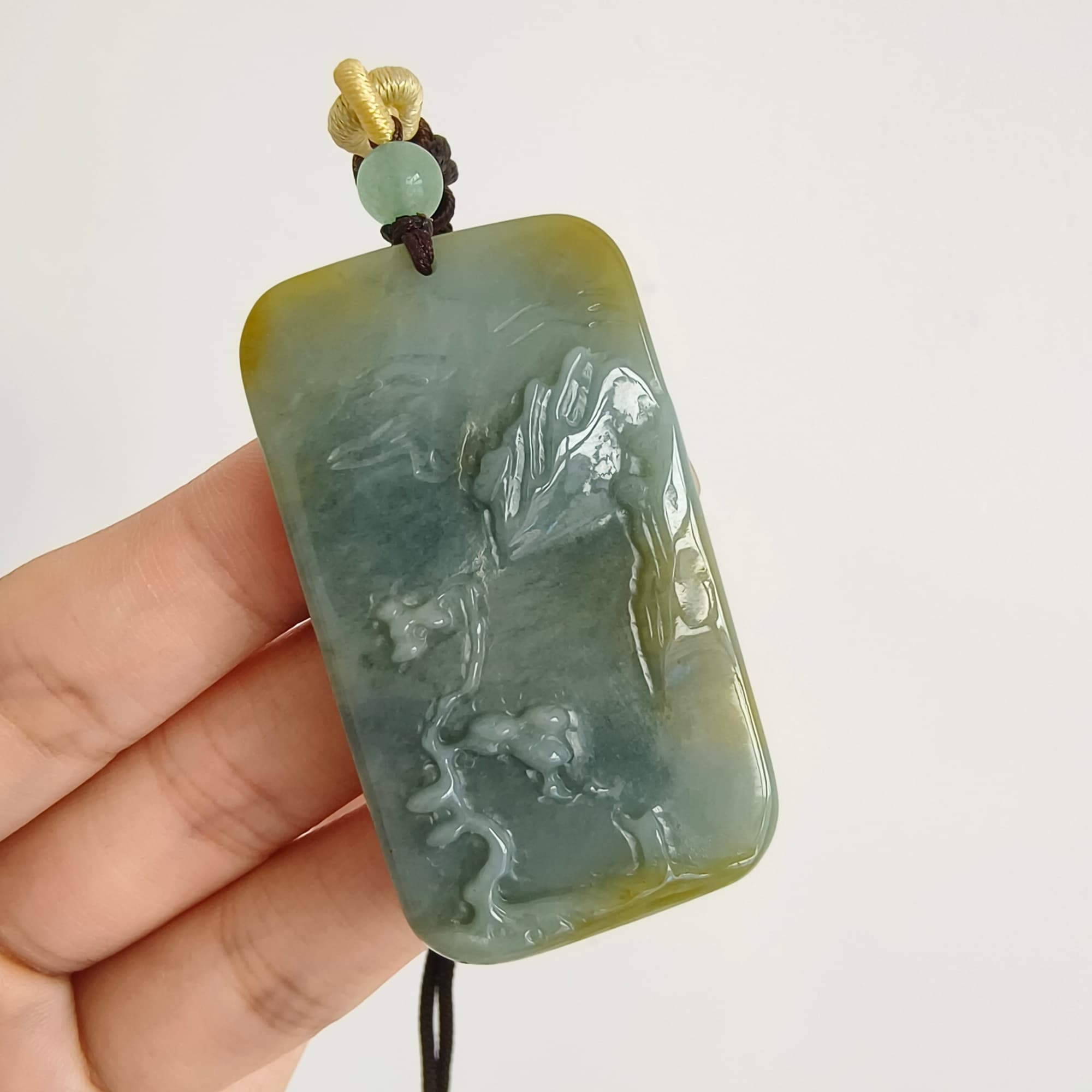 DDP 52.5mm Natural Certificated Blue Yellow Guatemalan Jadeite Rectangle Pendant With Landscape Carved
