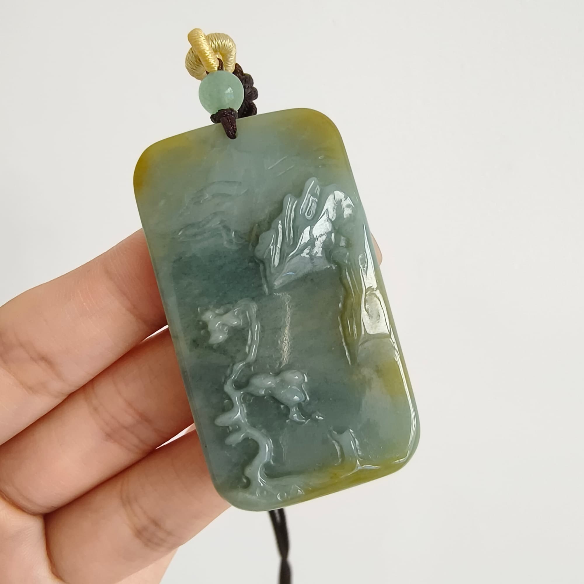 DDP 52.5mm Natural Certificated Blue Yellow Guatemalan Jadeite Rectangle Pendant With Landscape Carved