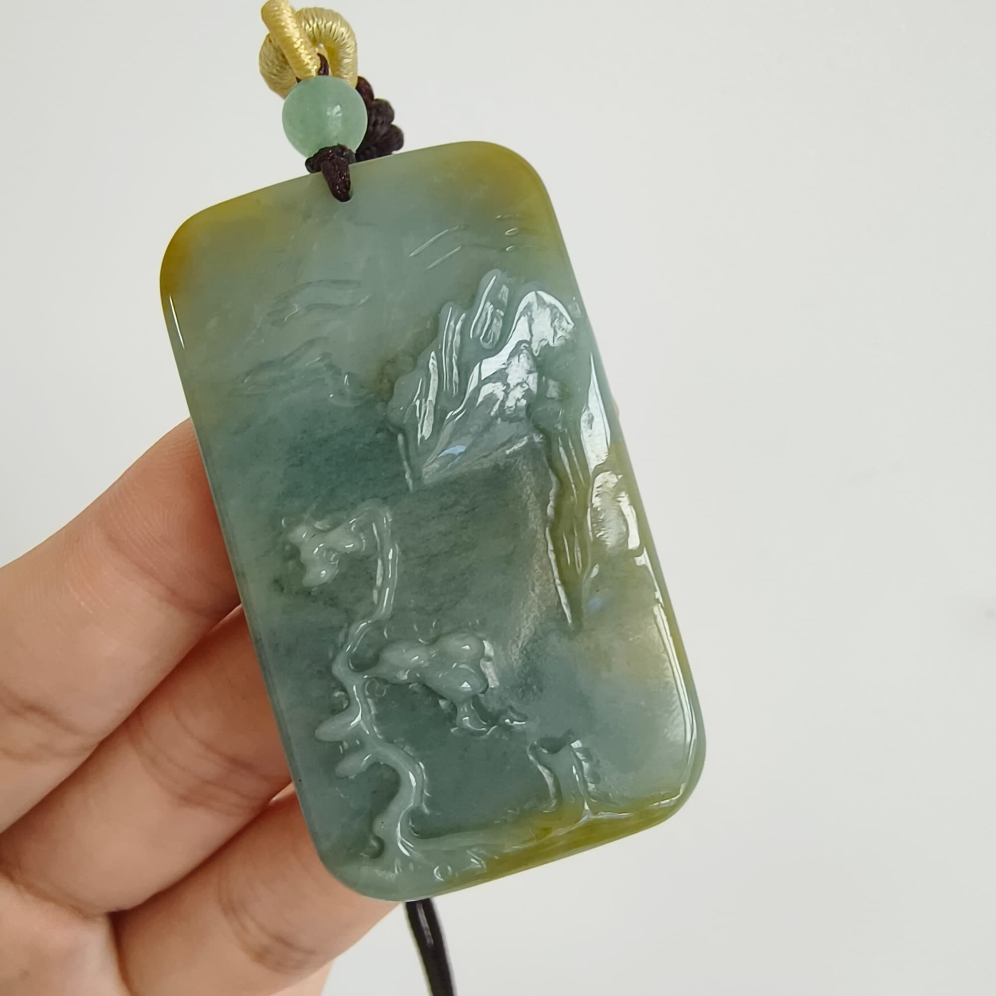 DDP 52.5mm Natural Certificated Blue Yellow Guatemalan Jadeite Rectangle Pendant With Landscape Carved