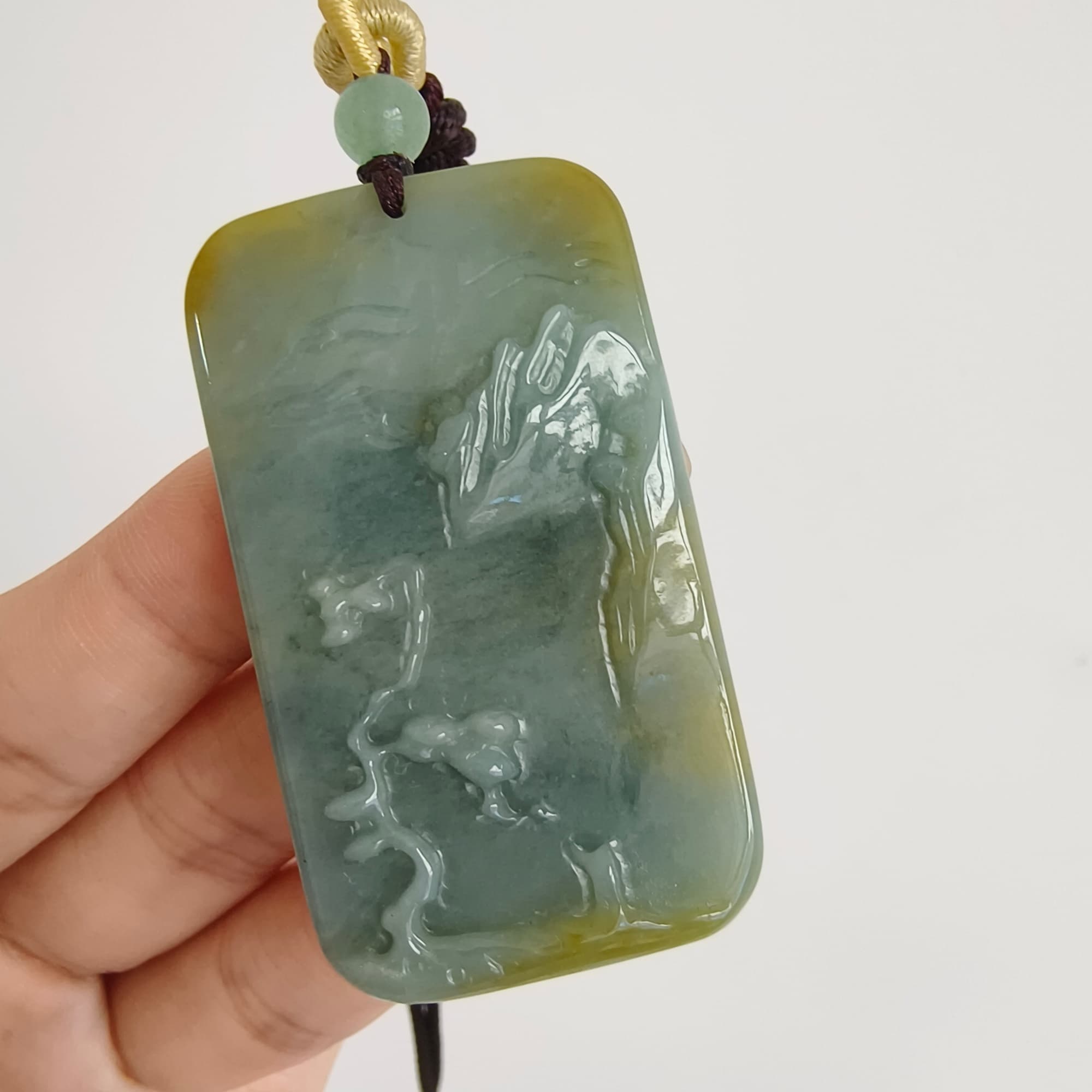 DDP 52.5mm Natural Certificated Blue Yellow Guatemalan Jadeite Rectangle Pendant With Landscape Carved