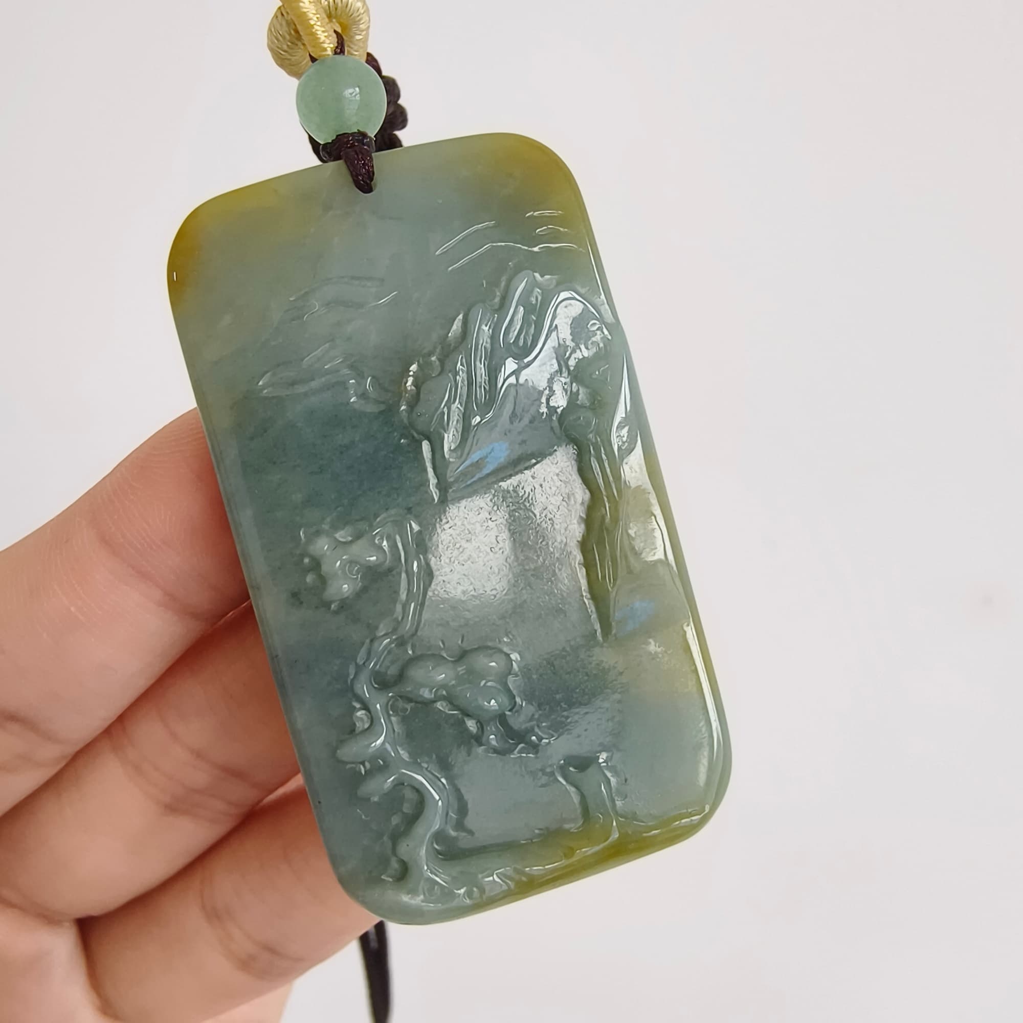 DDP 52.5mm Natural Certificated Blue Yellow Guatemalan Jadeite Rectangle Pendant With Landscape Carved