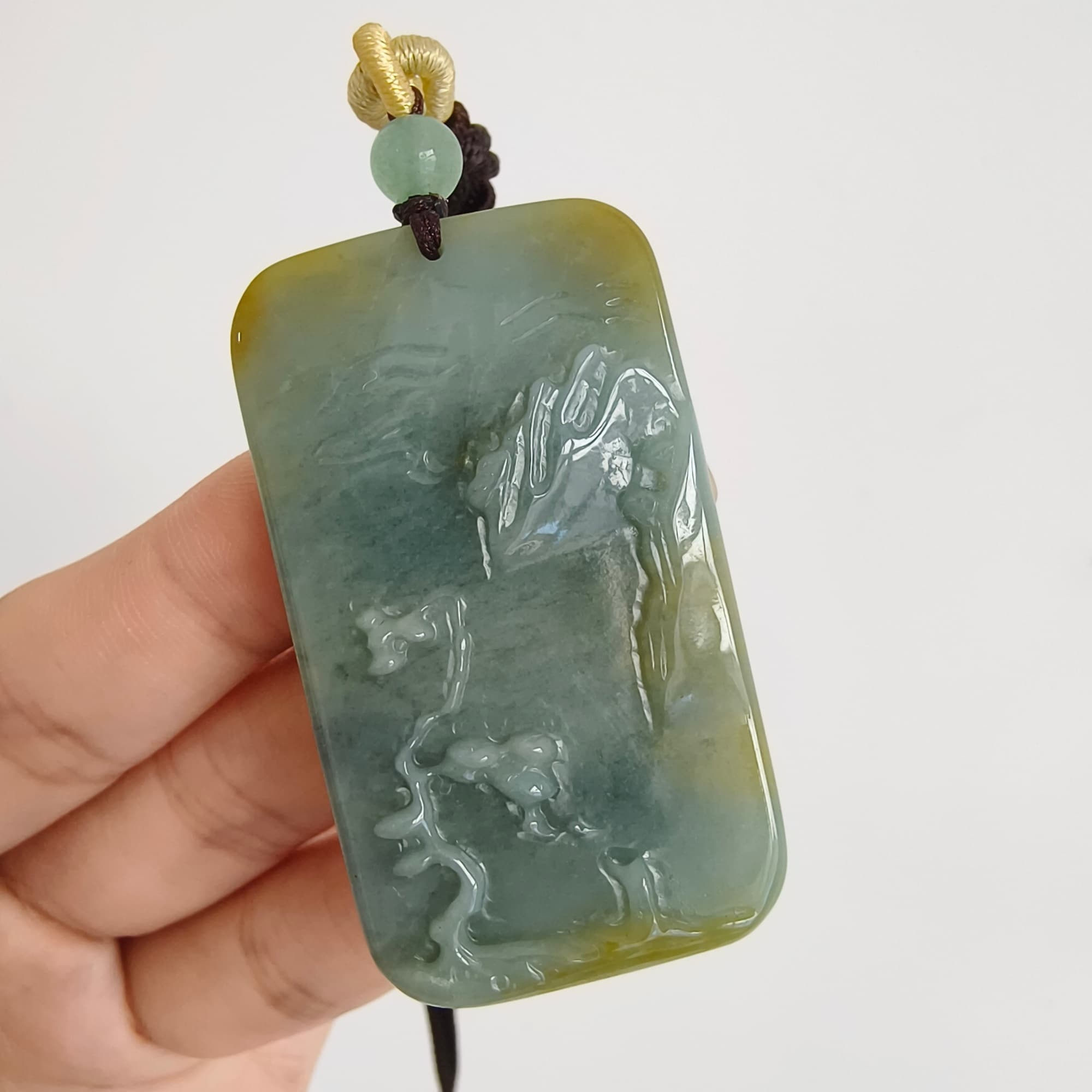 DDP 52.5mm Natural Certificated Blue Yellow Guatemalan Jadeite Rectangle Pendant With Landscape Carved