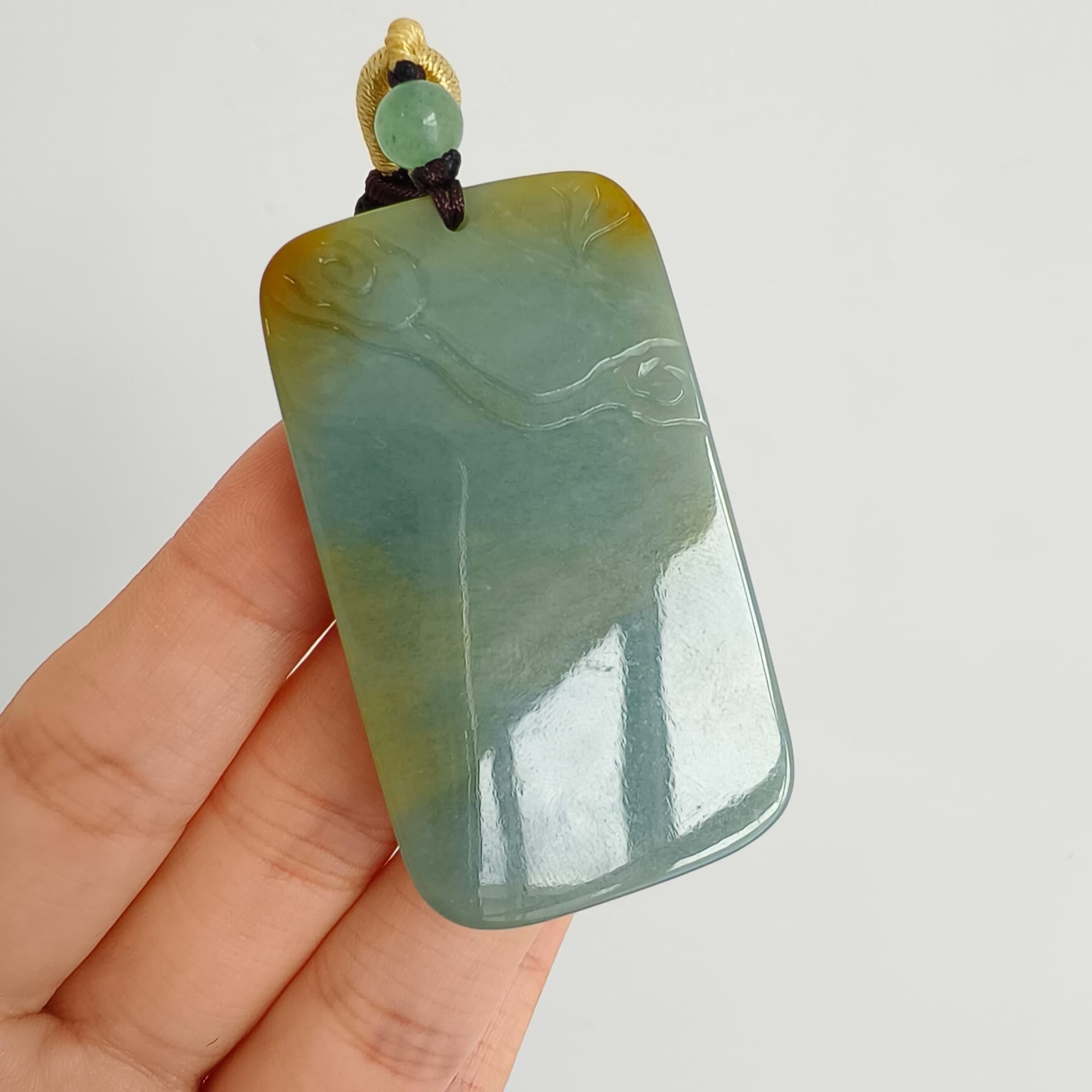 DDP 52.5mm Natural Certificated Blue Yellow Guatemalan Jadeite Rectangle Pendant With Landscape Carved