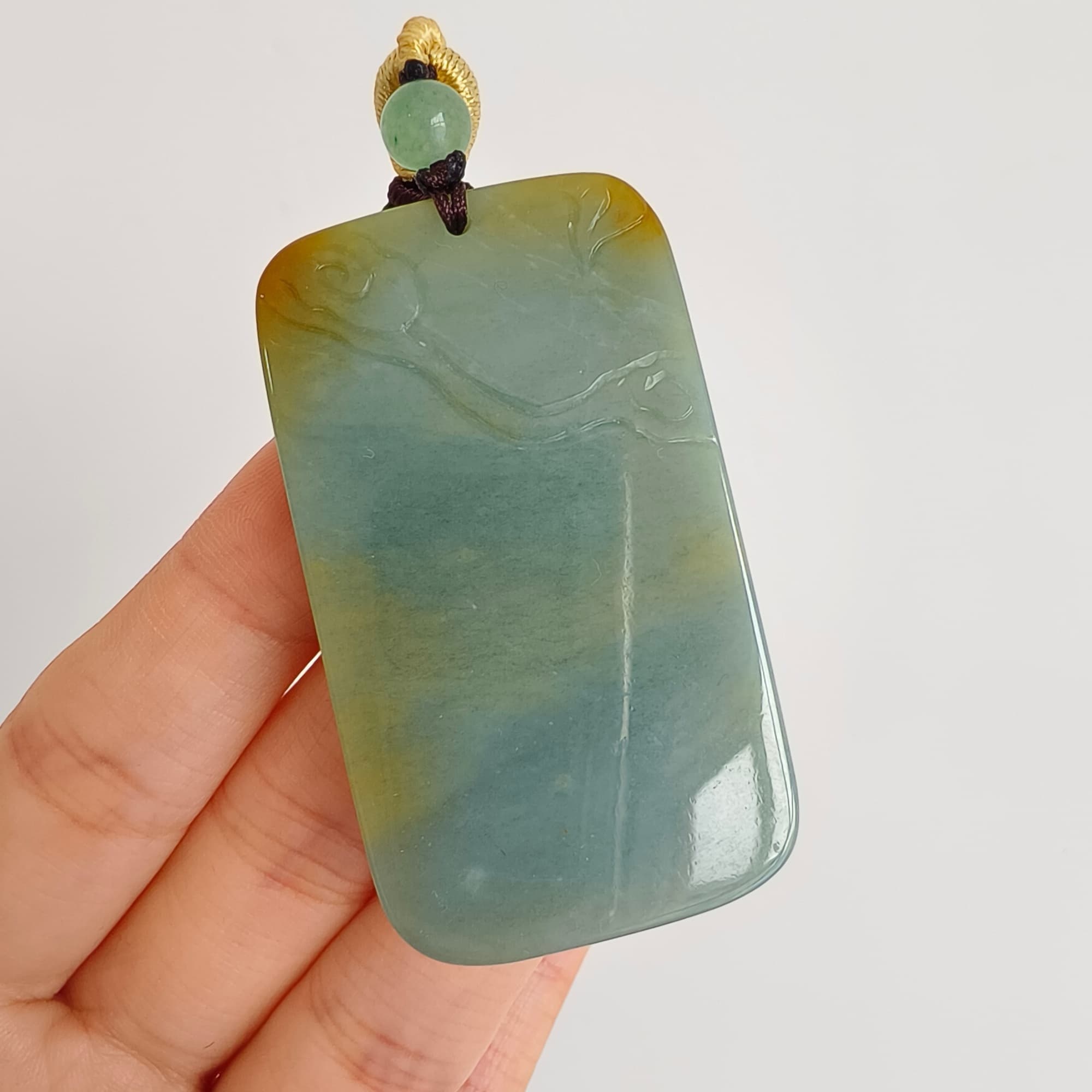 DDP 52.5mm Natural Certificated Blue Yellow Guatemalan Jadeite Rectangle Pendant With Landscape Carved