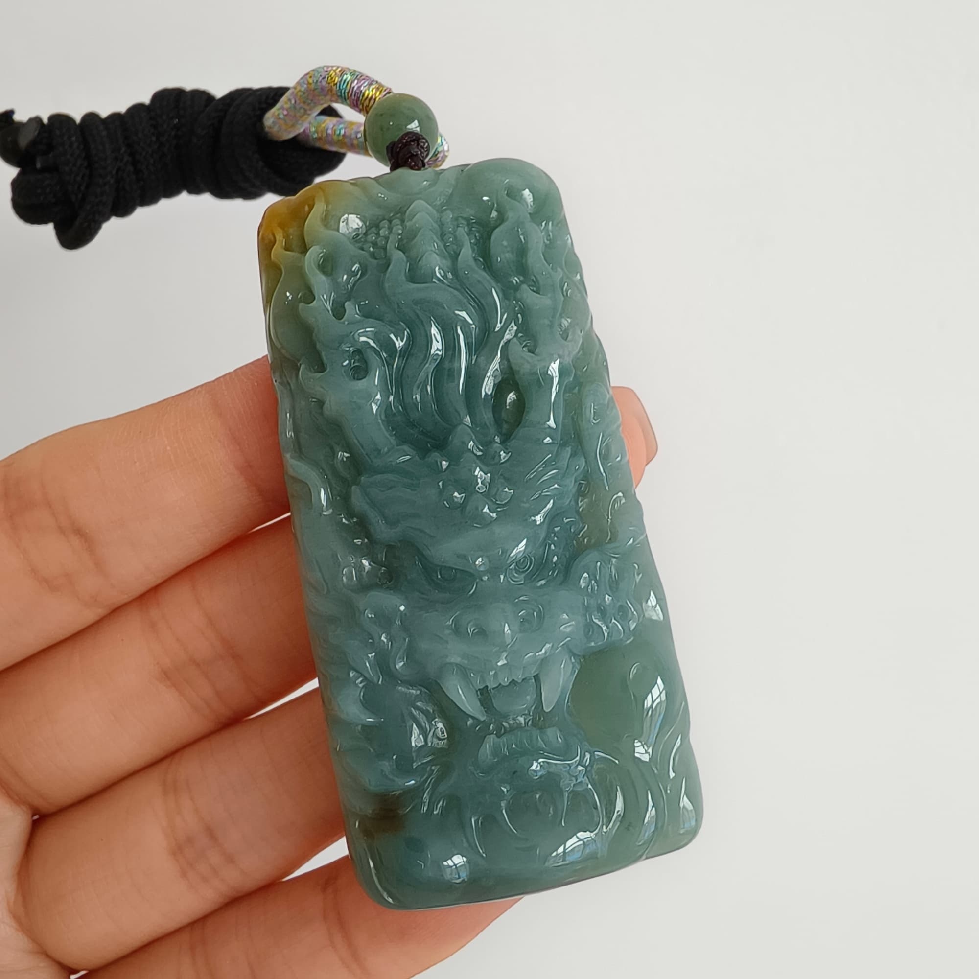 DDP 63mm Natural Certificated Blue Yellow Guatemalan Jadeite Rectangle Pendant With Dragon Carved