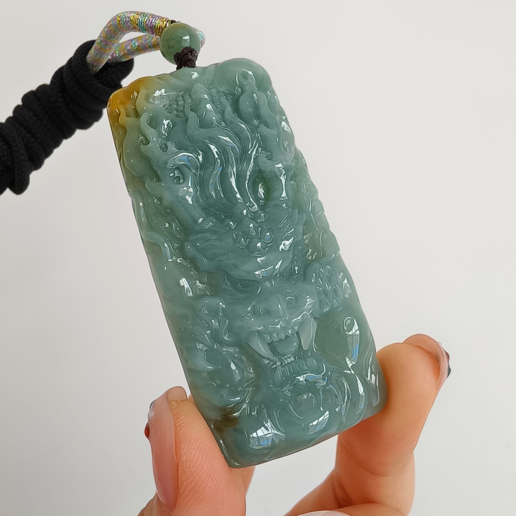 DDP 63mm Natural Certificated Blue Yellow Guatemalan Jadeite Rectangle Pendant With Dragon Carved