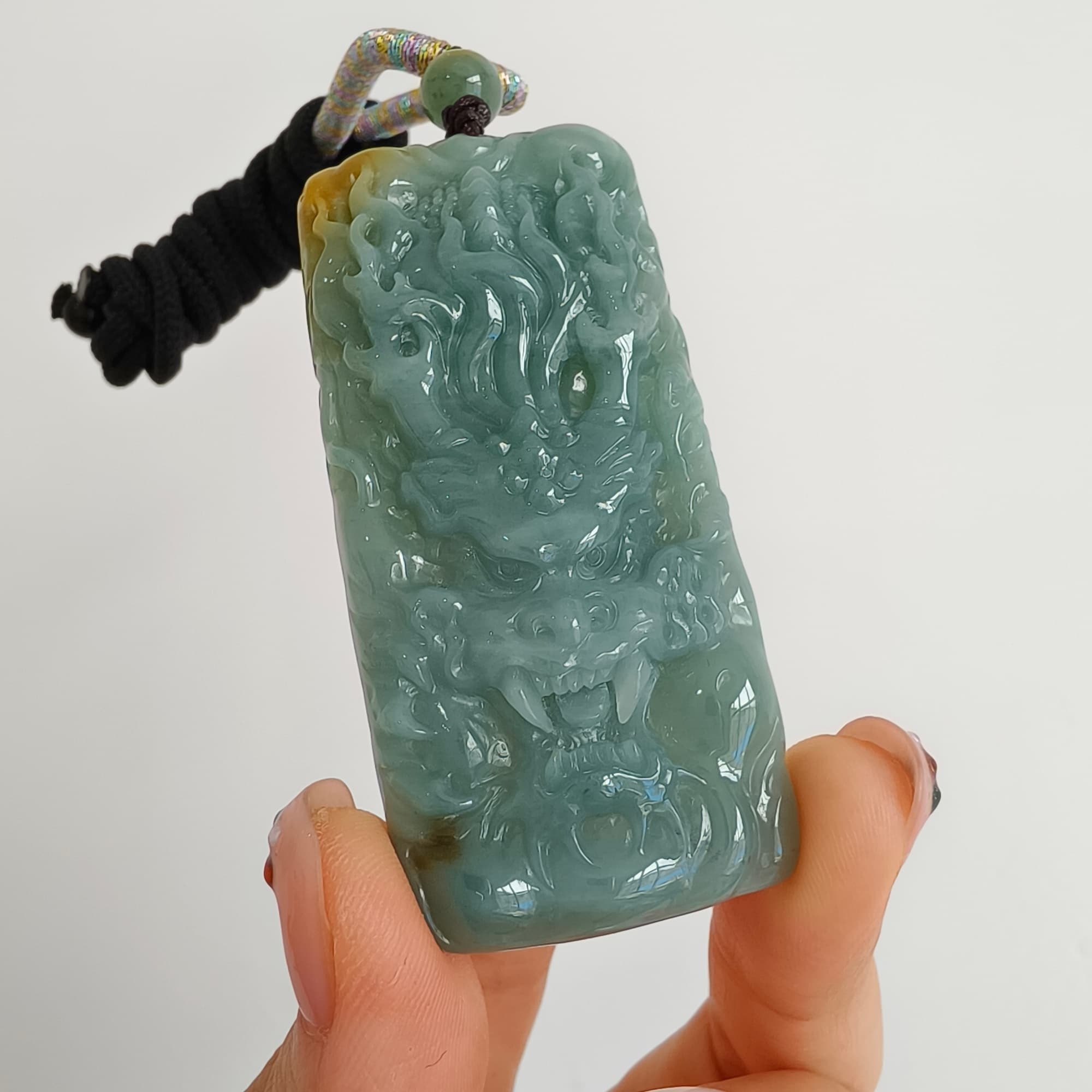 DDP 63mm Natural Certificated Blue Yellow Guatemalan Jadeite Rectangle Pendant With Dragon Carved