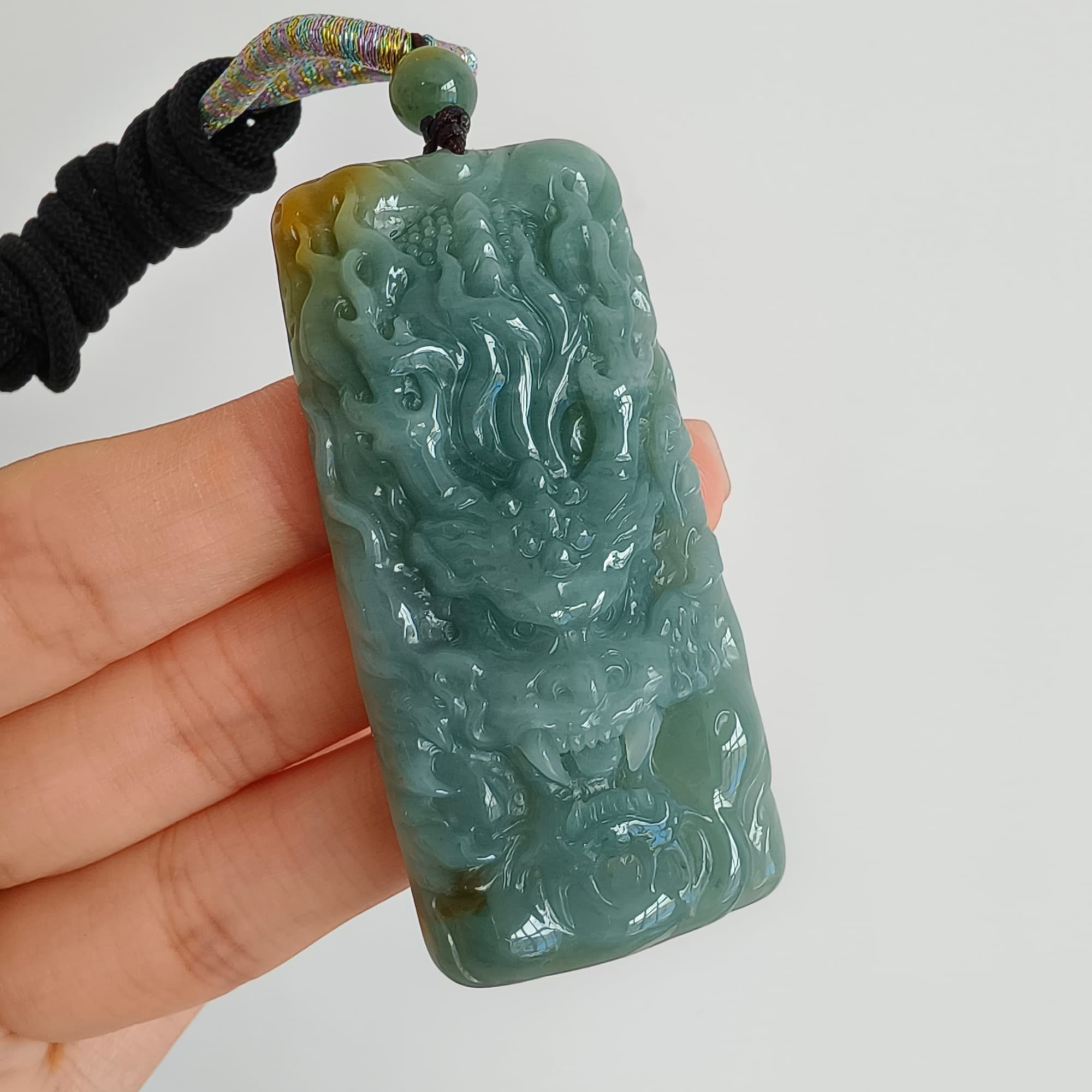 DDP 63mm Natural Certificated Blue Yellow Guatemalan Jadeite Rectangle Pendant With Dragon Carved
