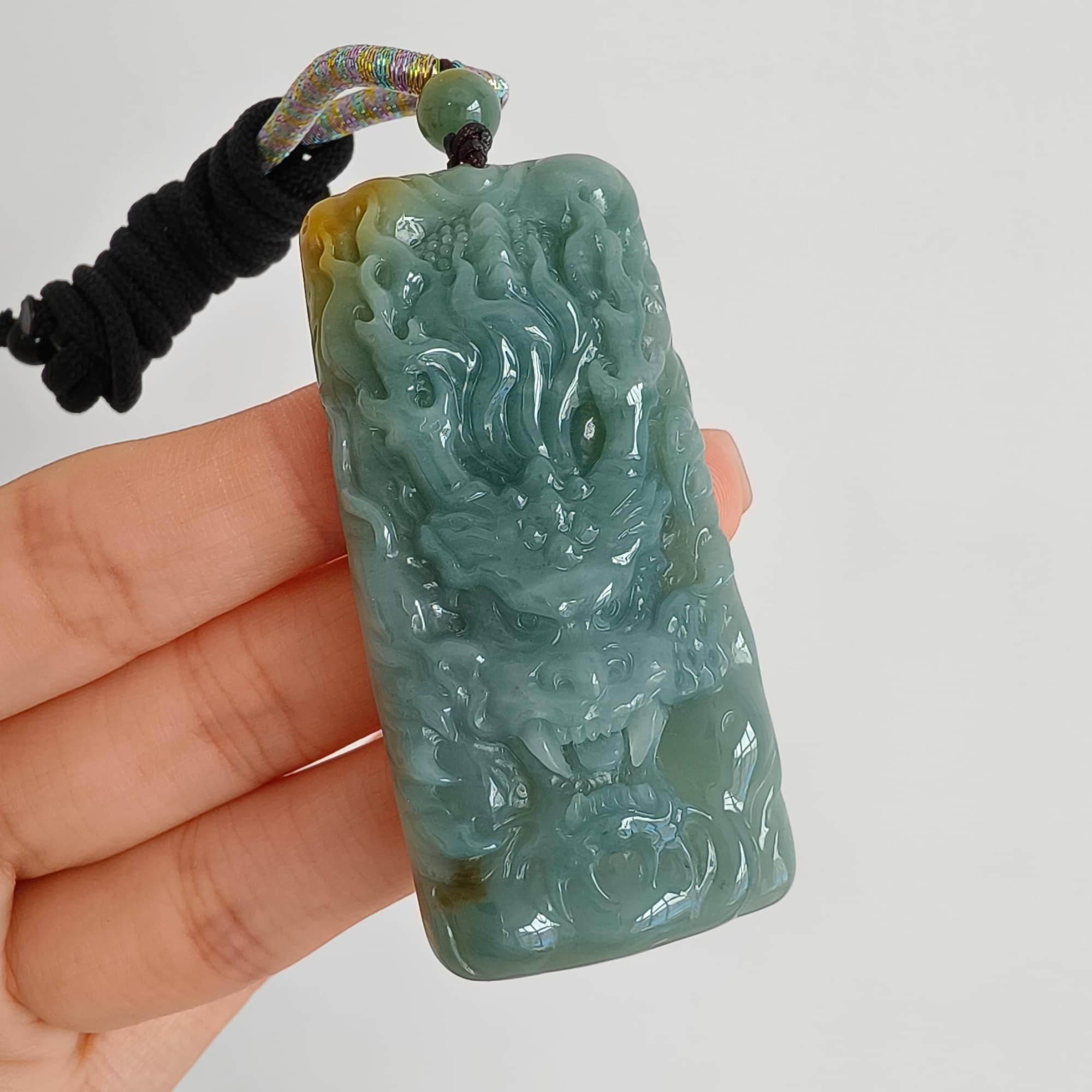 DDP 63mm Natural Certificated Blue Yellow Guatemalan Jadeite Rectangle Pendant With Dragon Carved