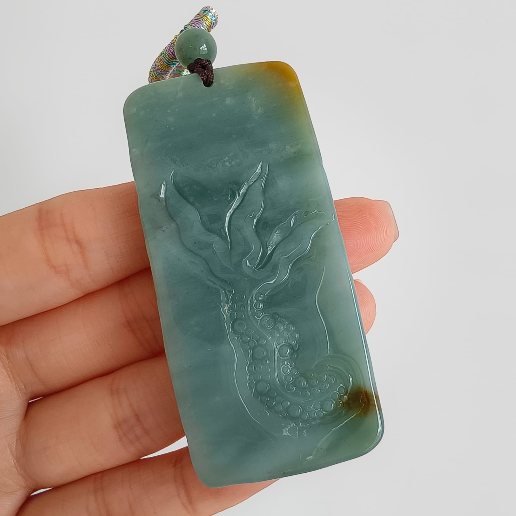 DDP 63mm Natural Certificated Blue Yellow Guatemalan Jadeite Rectangle Pendant With Dragon Carved