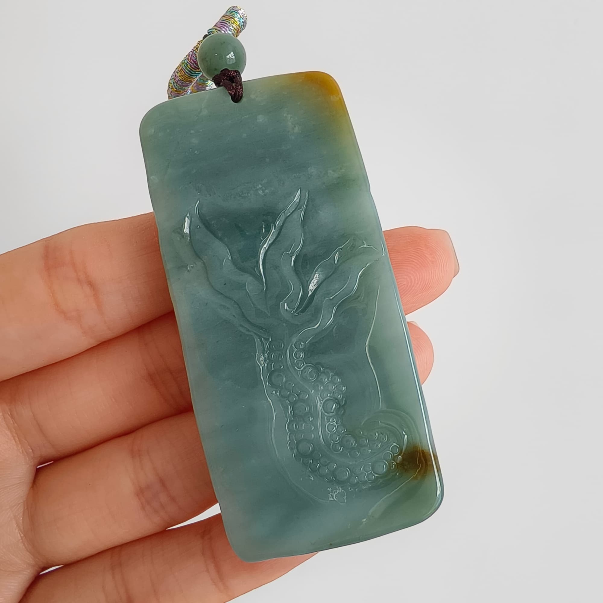DDP 63mm Natural Certificated Blue Yellow Guatemalan Jadeite Rectangle Pendant With Dragon Carved