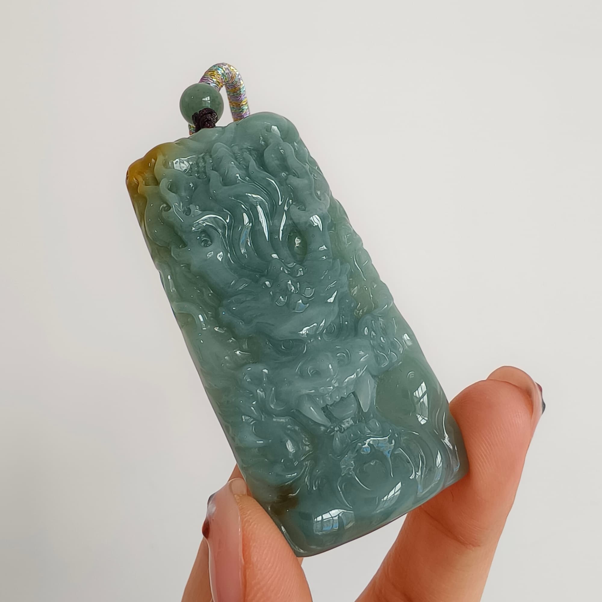 DDP 63mm Natural Certificated Blue Yellow Guatemalan Jadeite Rectangle Pendant With Dragon Carved