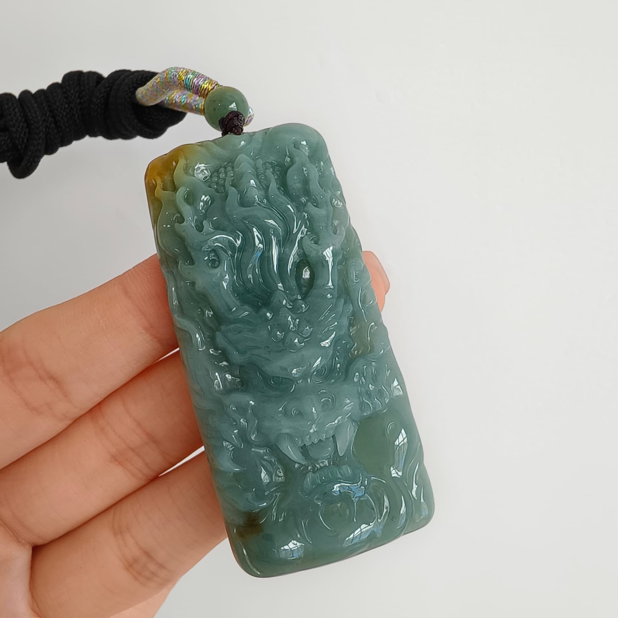 DDP 63mm Natural Certificated Blue Yellow Guatemalan Jadeite Rectangle Pendant With Dragon Carved