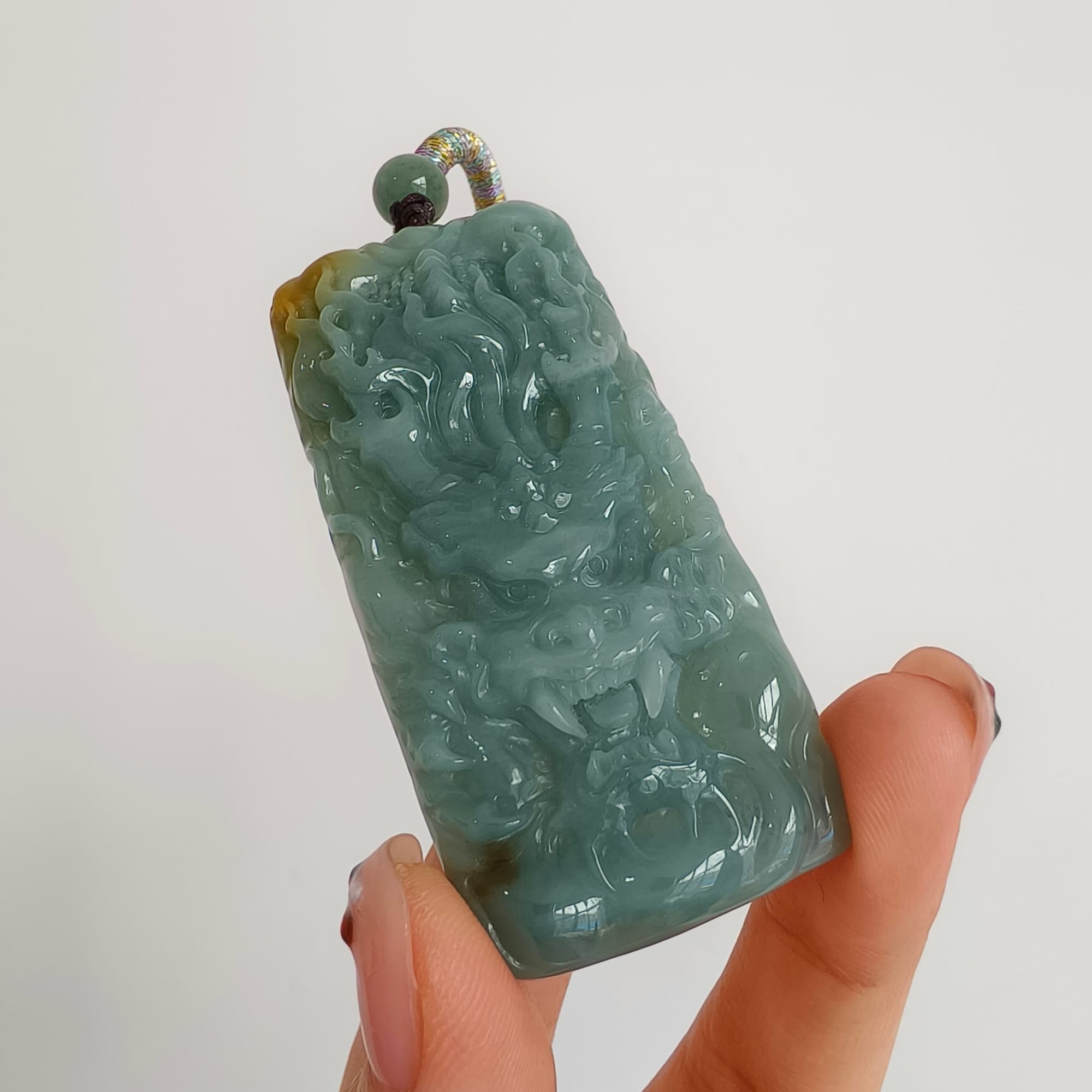 DDP 63mm Natural Certificated Blue Yellow Guatemalan Jadeite Rectangle Pendant With Dragon Carved