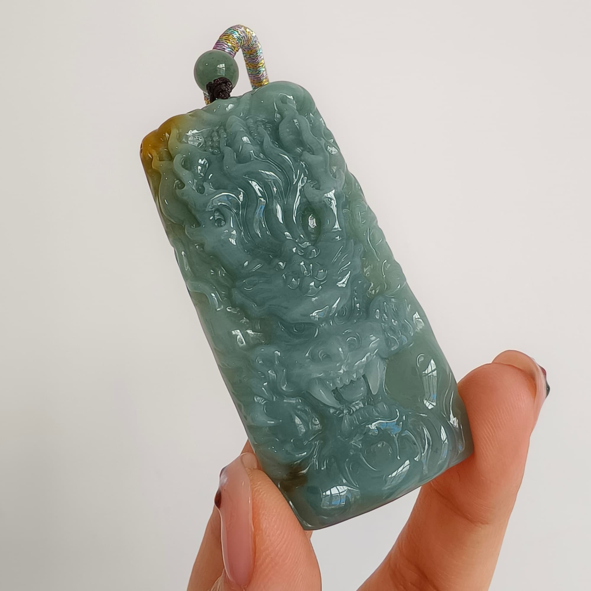 DDP 63mm Natural Certificated Blue Yellow Guatemalan Jadeite Rectangle Pendant With Dragon Carved