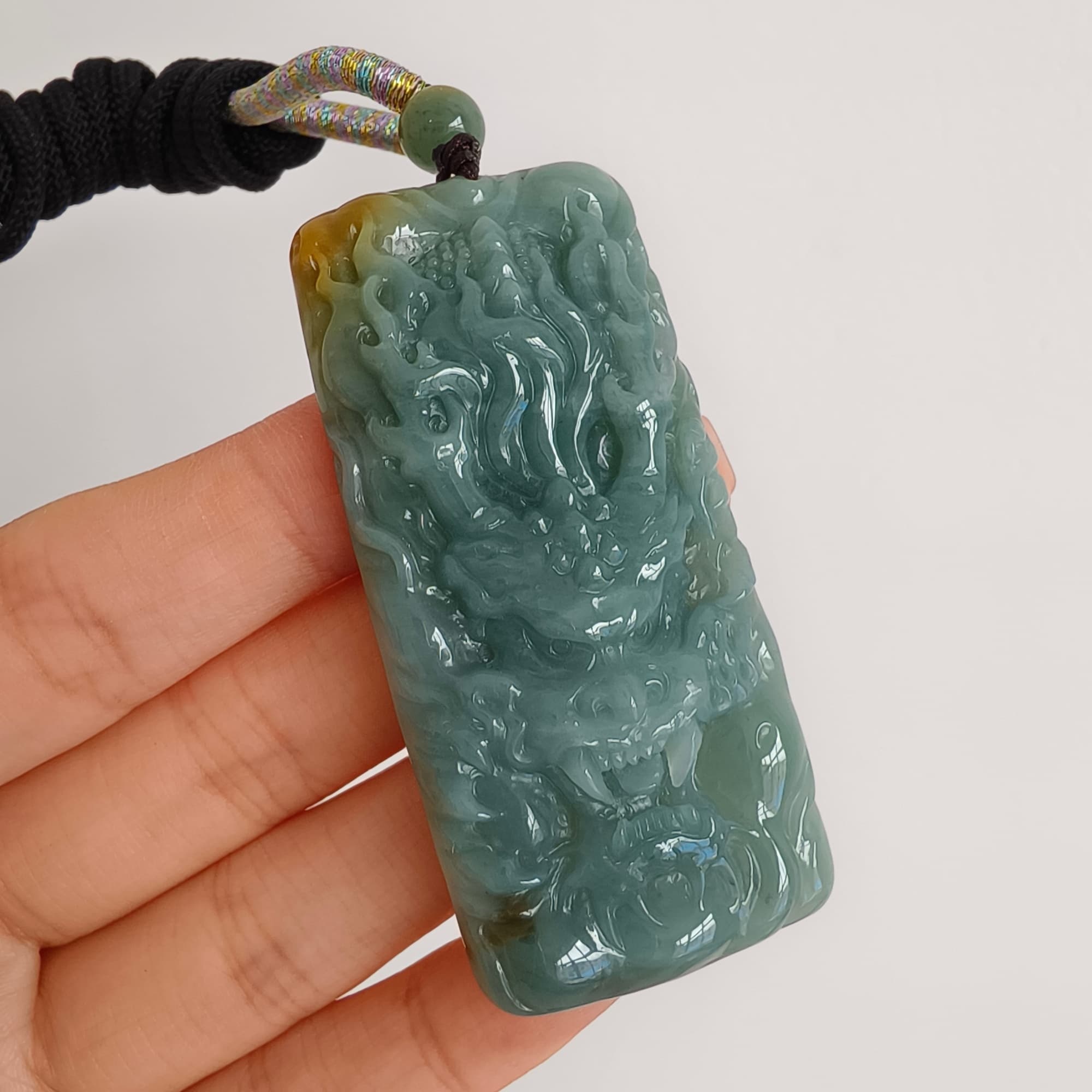 DDP 63mm Natural Certificated Blue Yellow Guatemalan Jadeite Rectangle Pendant With Dragon Carved