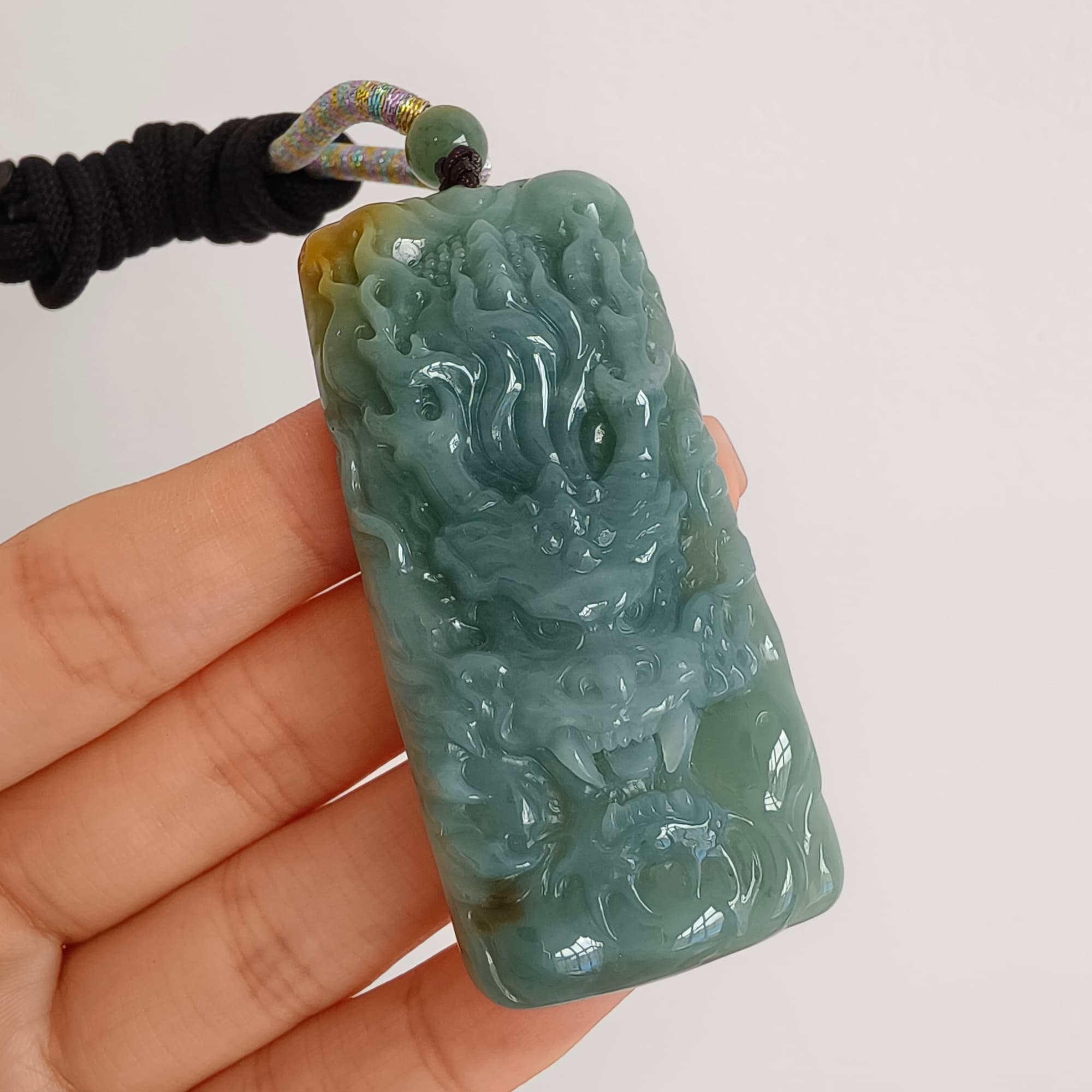DDP 63mm Natural Certificated Blue Yellow Guatemalan Jadeite Rectangle Pendant With Dragon Carved