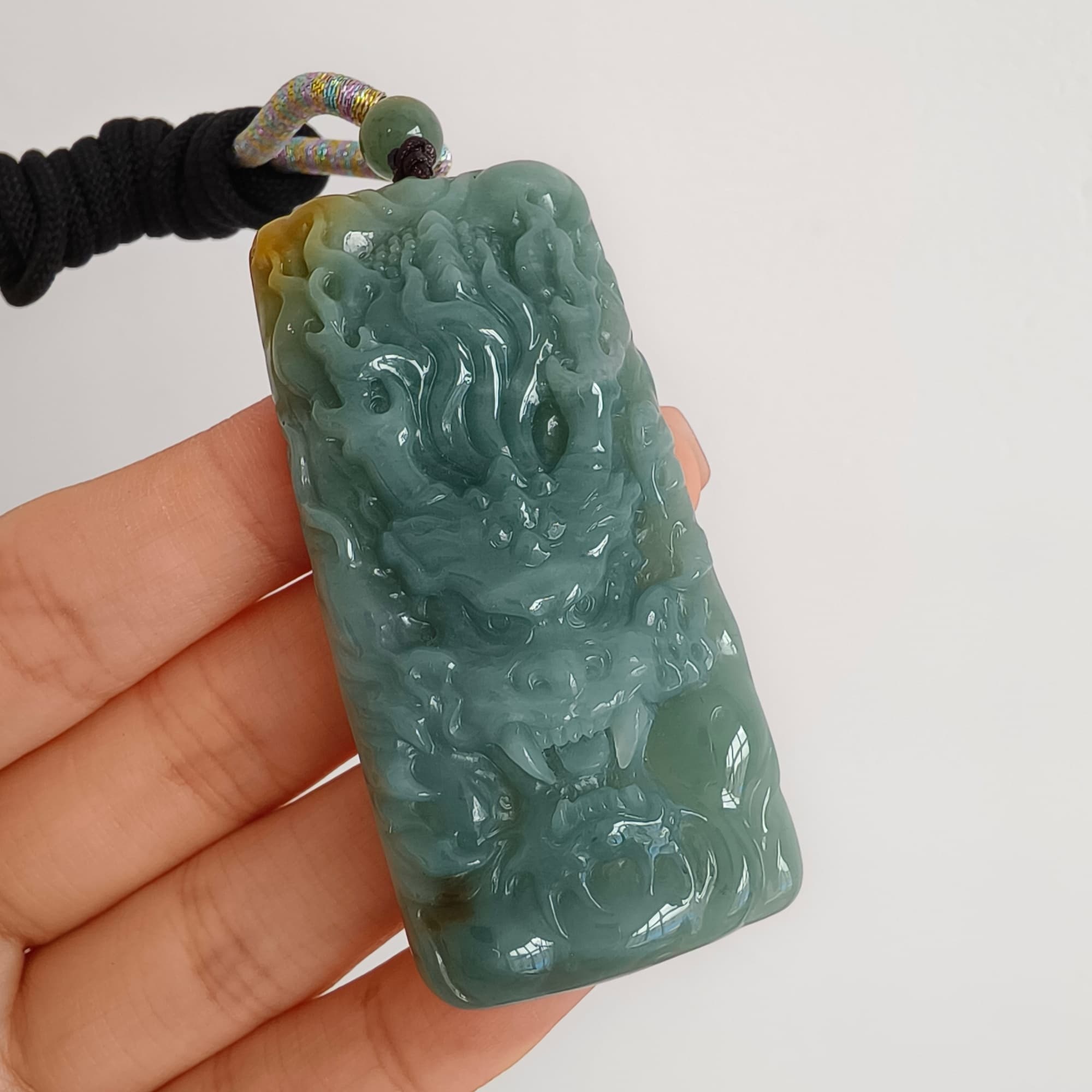 DDP 63mm Natural Certificated Blue Yellow Guatemalan Jadeite Rectangle Pendant With Dragon Carved