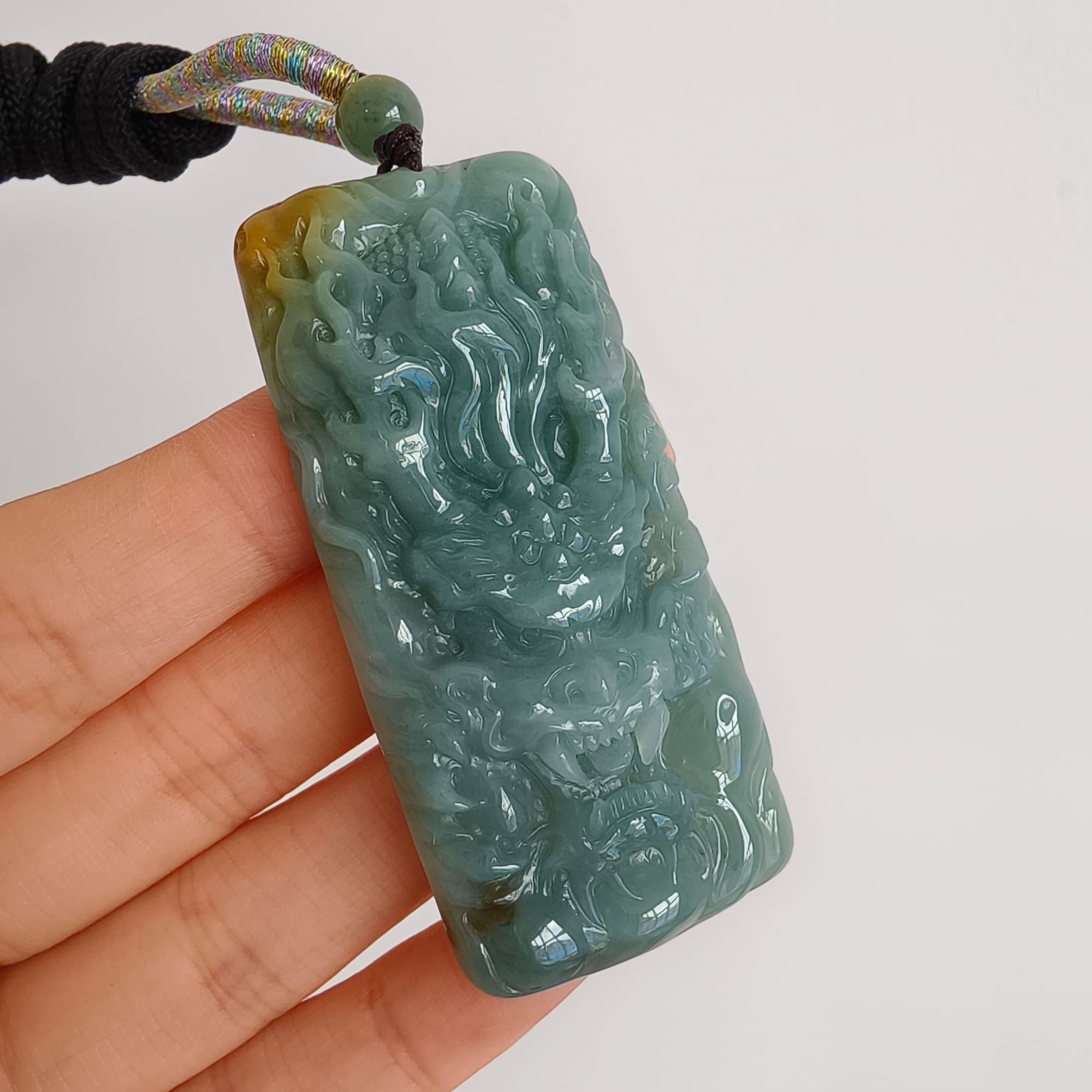 DDP 63mm Natural Certificated Blue Yellow Guatemalan Jadeite Rectangle Pendant With Dragon Carved