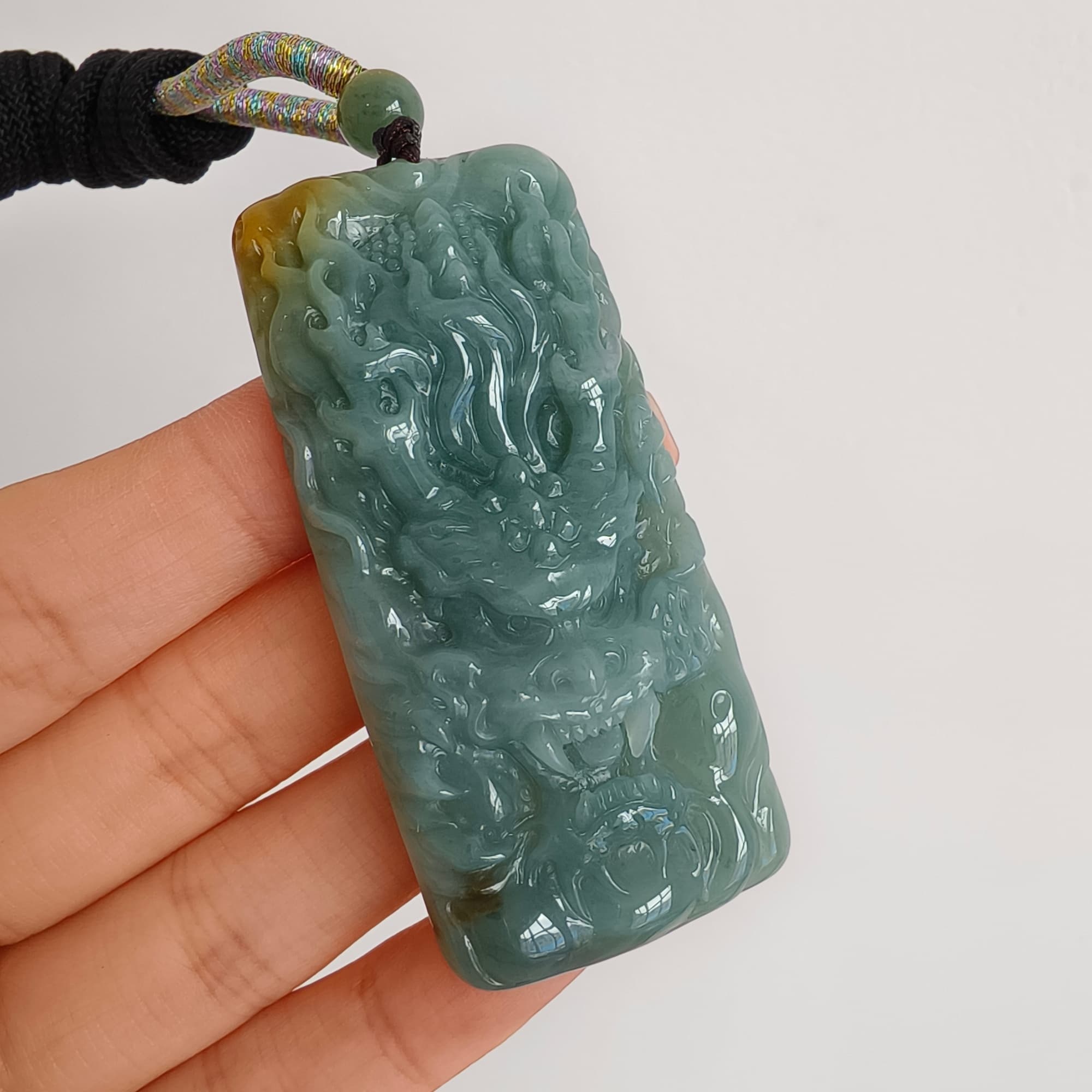 DDP 63mm Natural Certificated Blue Yellow Guatemalan Jadeite Rectangle Pendant With Dragon Carved