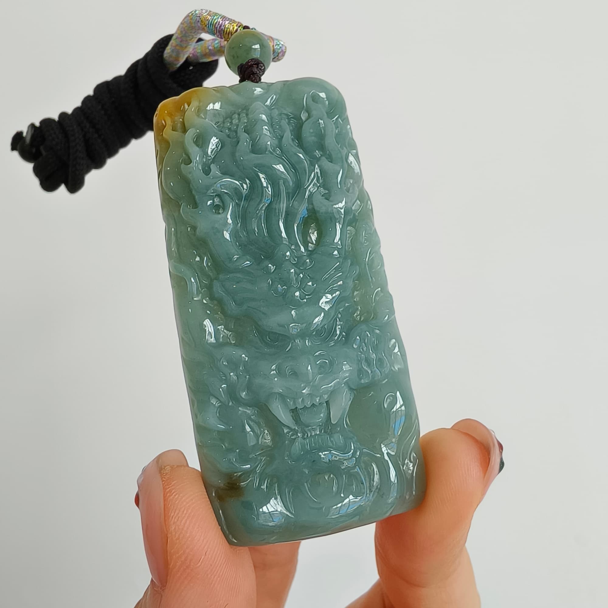 DDP 63mm Natural Certificated Blue Yellow Guatemalan Jadeite Rectangle Pendant With Dragon Carved