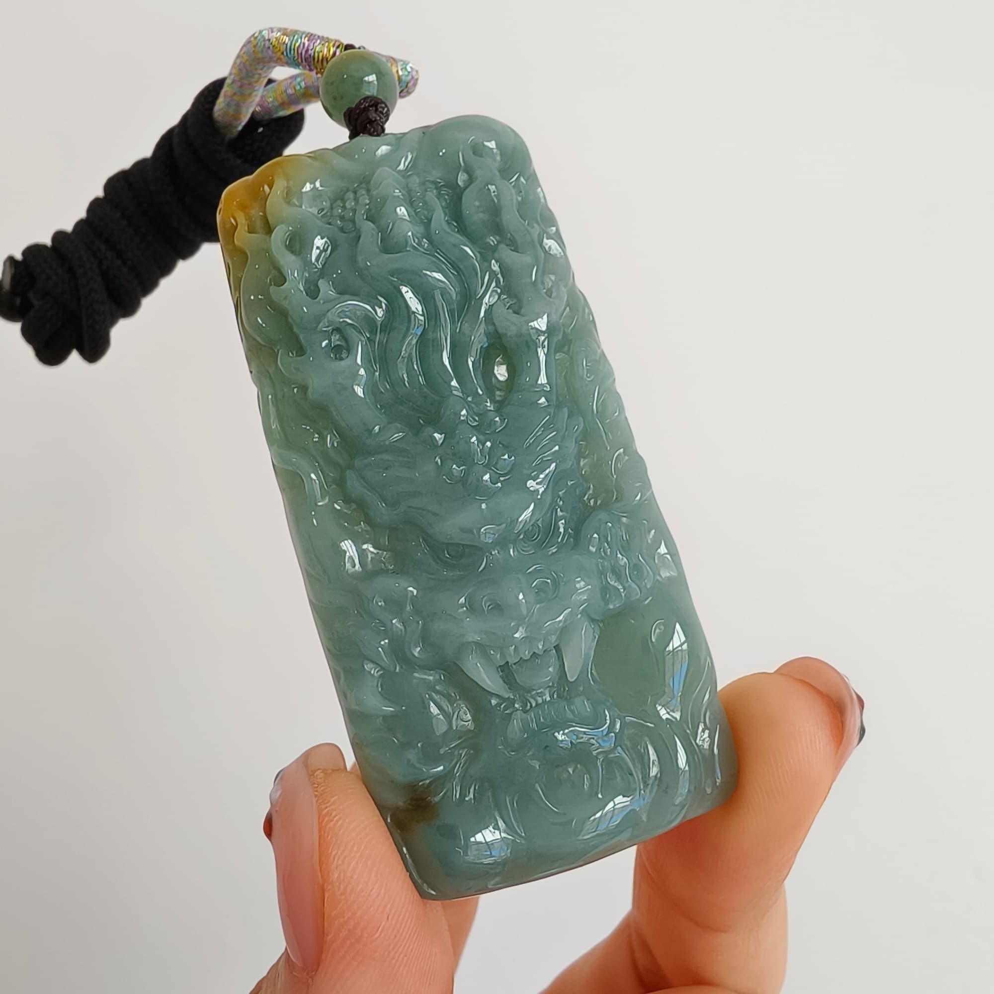 DDP 63mm Natural Certificated Blue Yellow Guatemalan Jadeite Rectangle Pendant With Dragon Carved