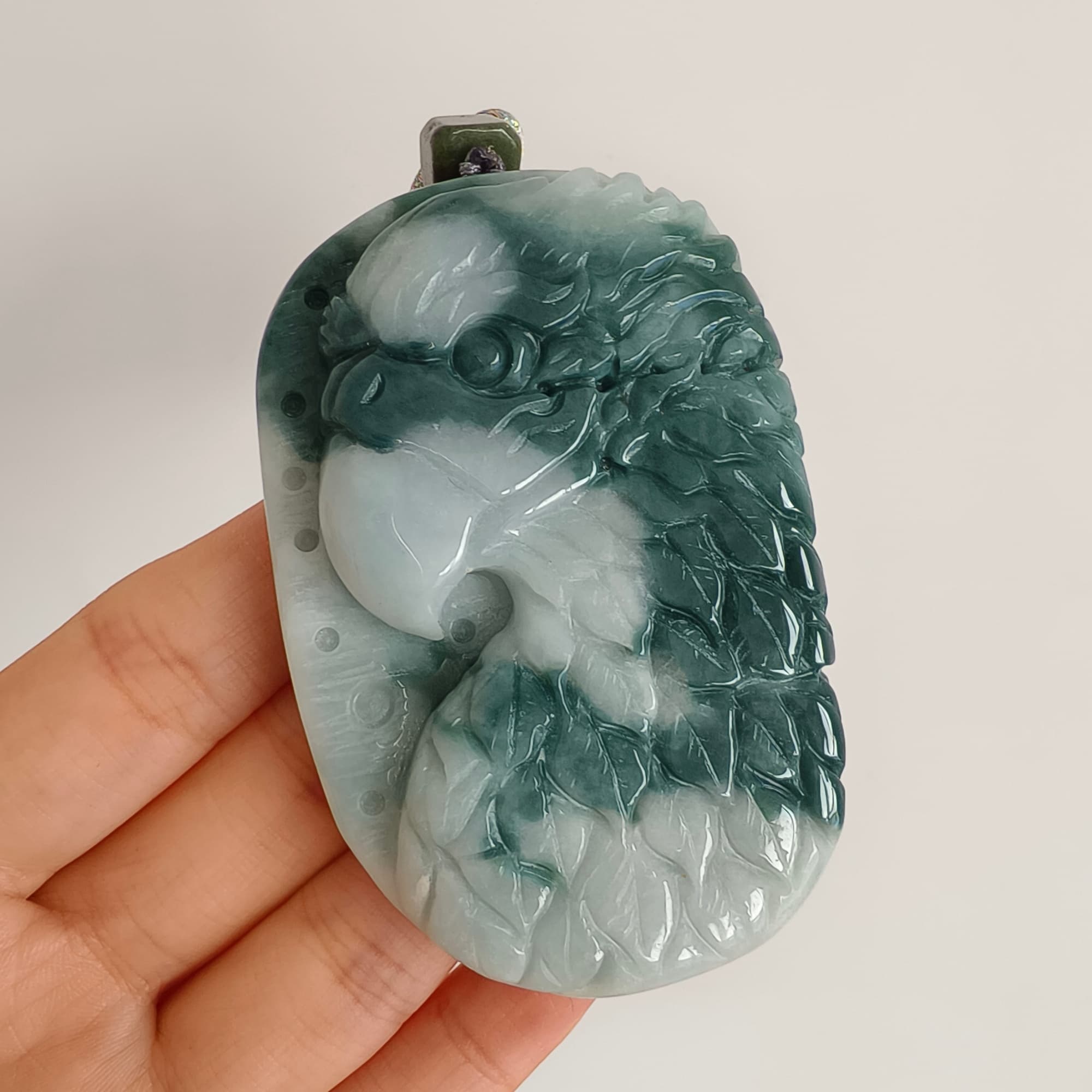 DDP 71.5mm Natural Type A Untreated Green White Burmese Jadeite Eagle Pendant