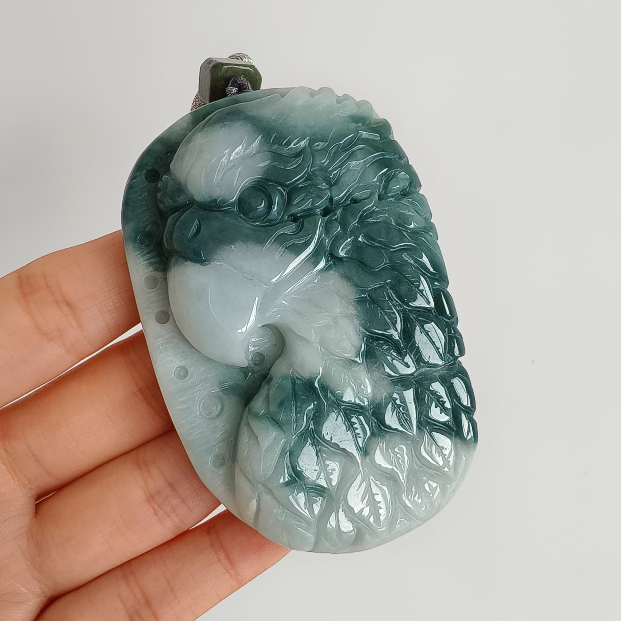 DDP 71.5mm Natural Type A Untreated Green White Burmese Jadeite Eagle Pendant