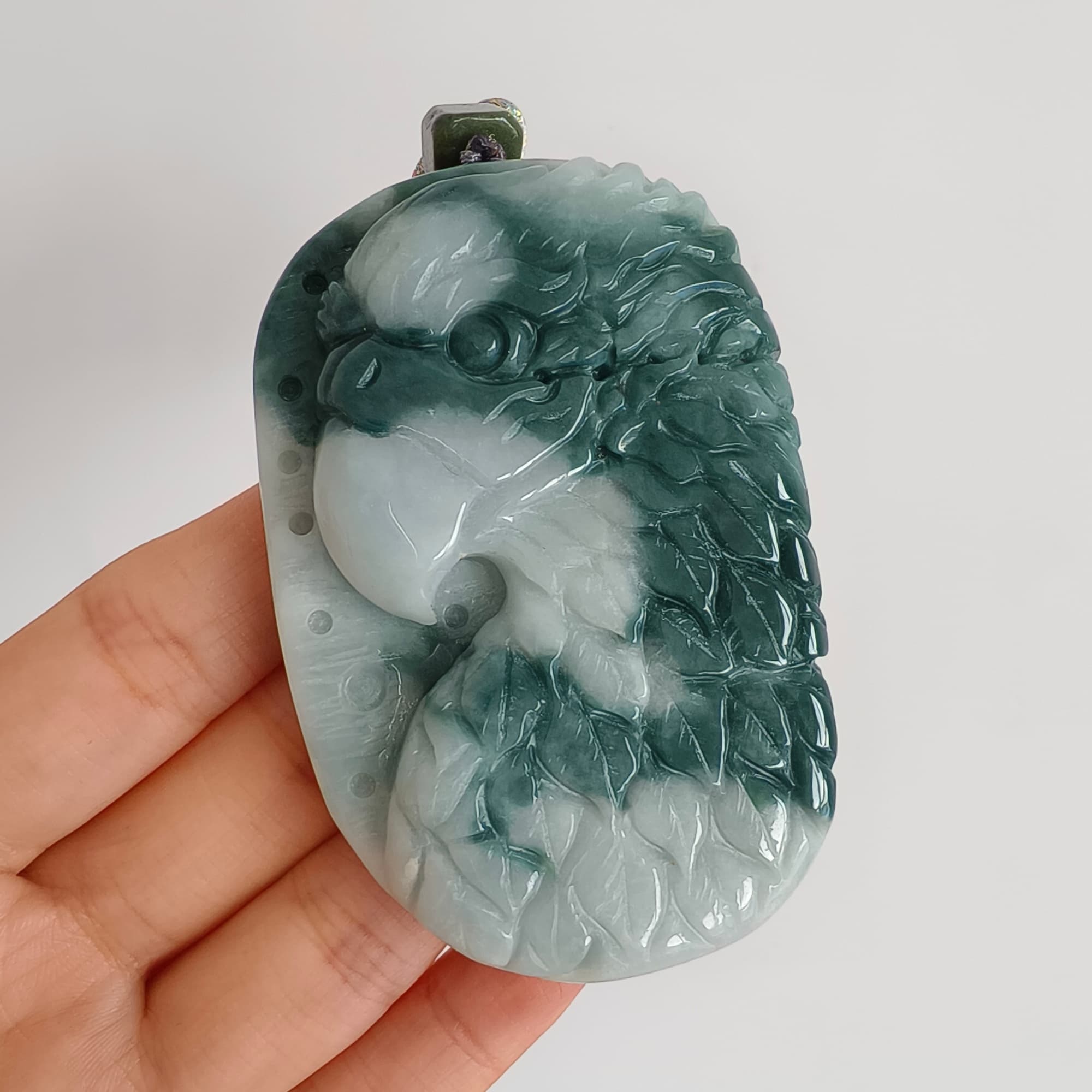 DDP 71.5mm Natural Type A Untreated Green White Burmese Jadeite Eagle Pendant