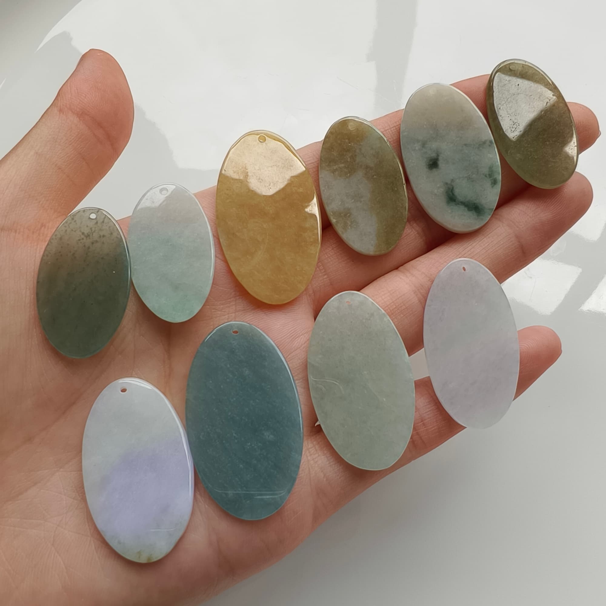 DDP 5pcs 28-35mm Natural Certificated Multi Color Burmese Jadeite Oval Plain Jade Plaque
