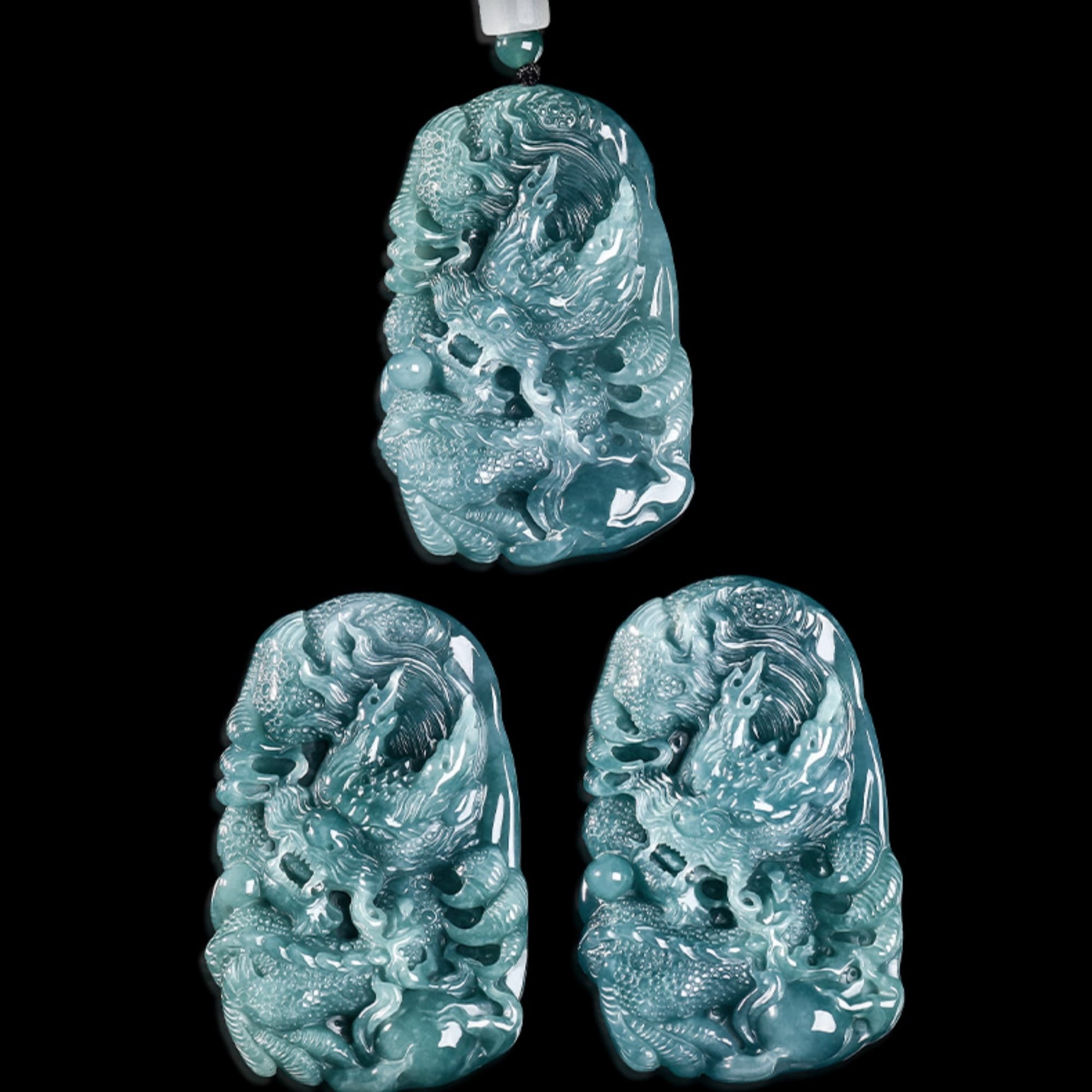 DDP 60.5mm Natural Certificated Type A Untreated Blue Watery Guatemalan Jadeite Dragon Amulet Pendant