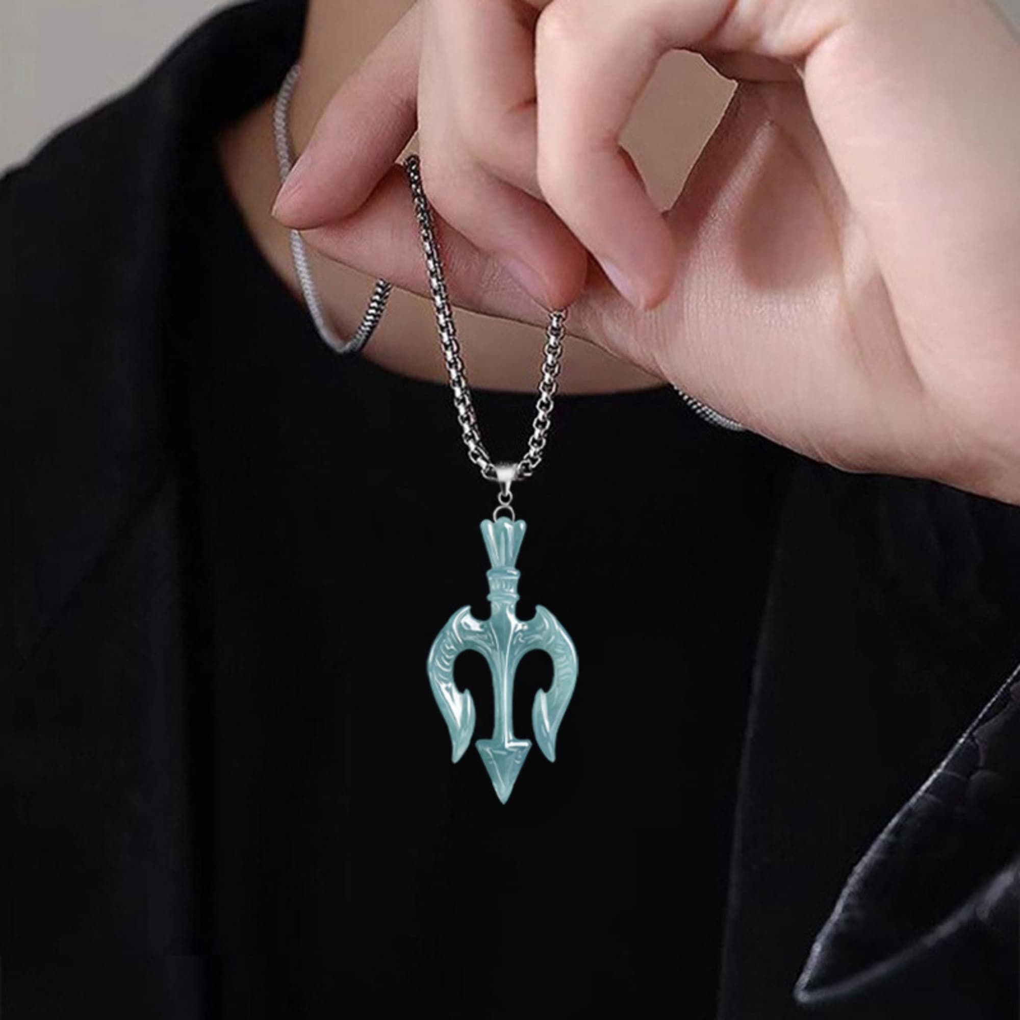 DDP 58mm Natural Certificated Type A Untreated Blue Watery Guatemalan Jadeite Trident of Neptune Pendant