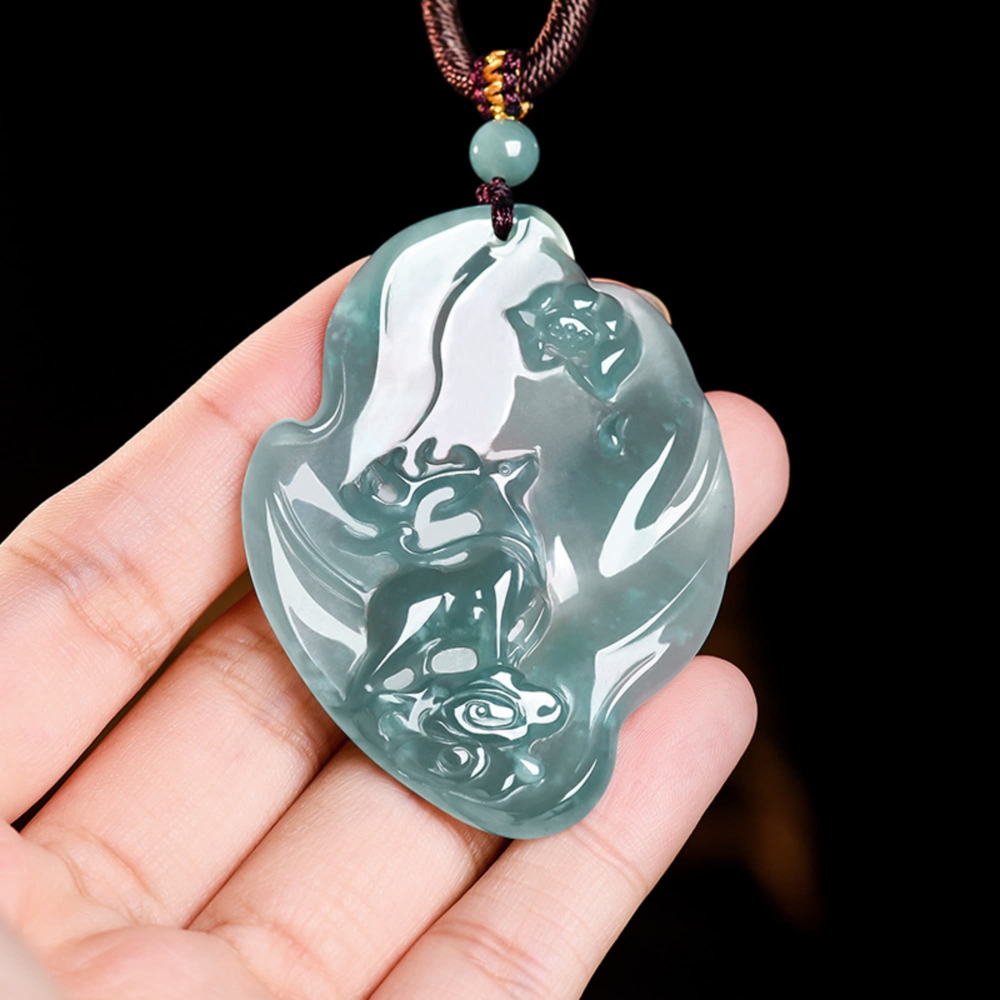 DDP 55.5mm Natural Certificated Type A Untreated Blue Watery Guatemalan Jadeite Irregular Pendant With Deer And Lotus Carved