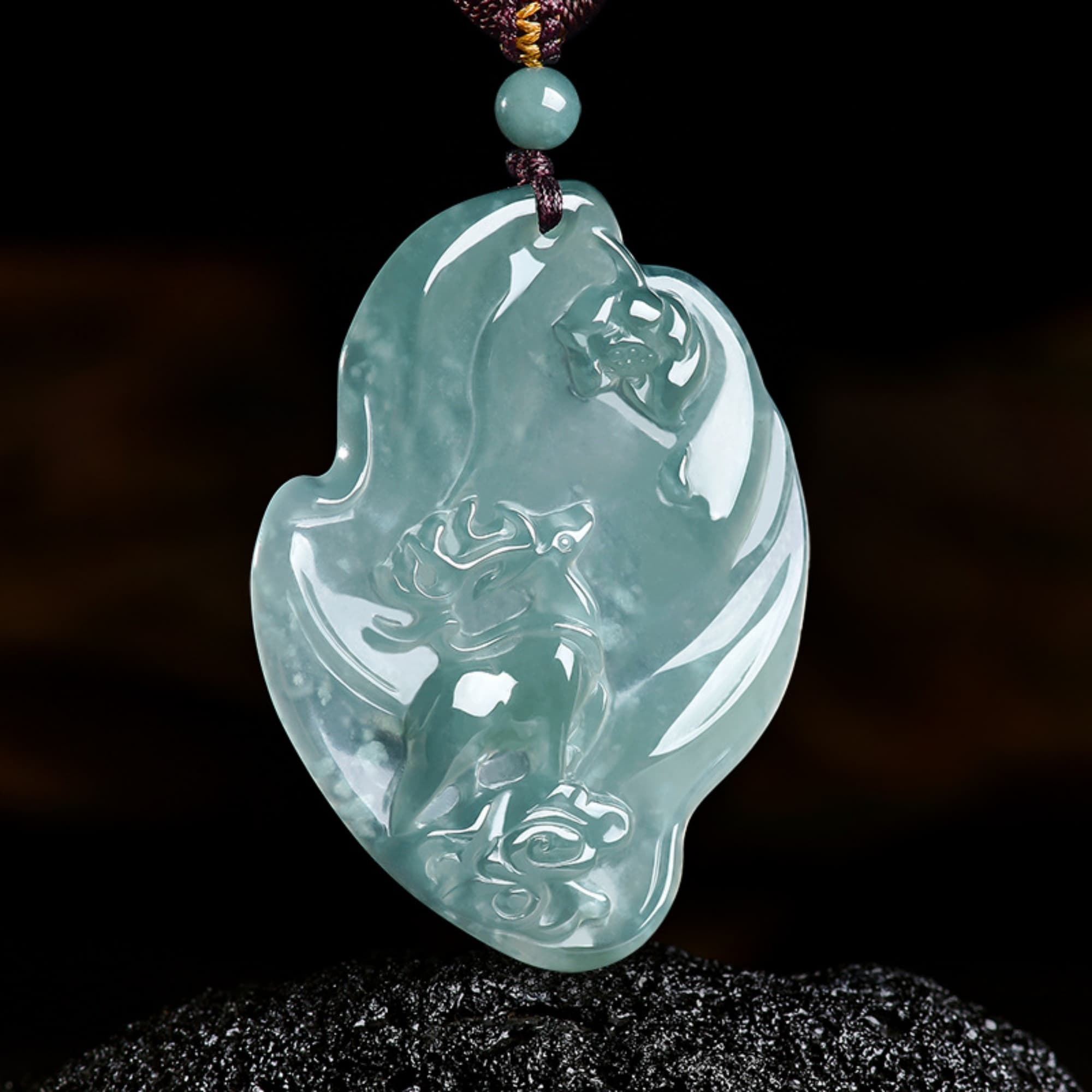 DDP 55.5mm Natural Certificated Type A Untreated Blue Watery Guatemalan Jadeite Irregular Pendant With Deer And Lotus Carved