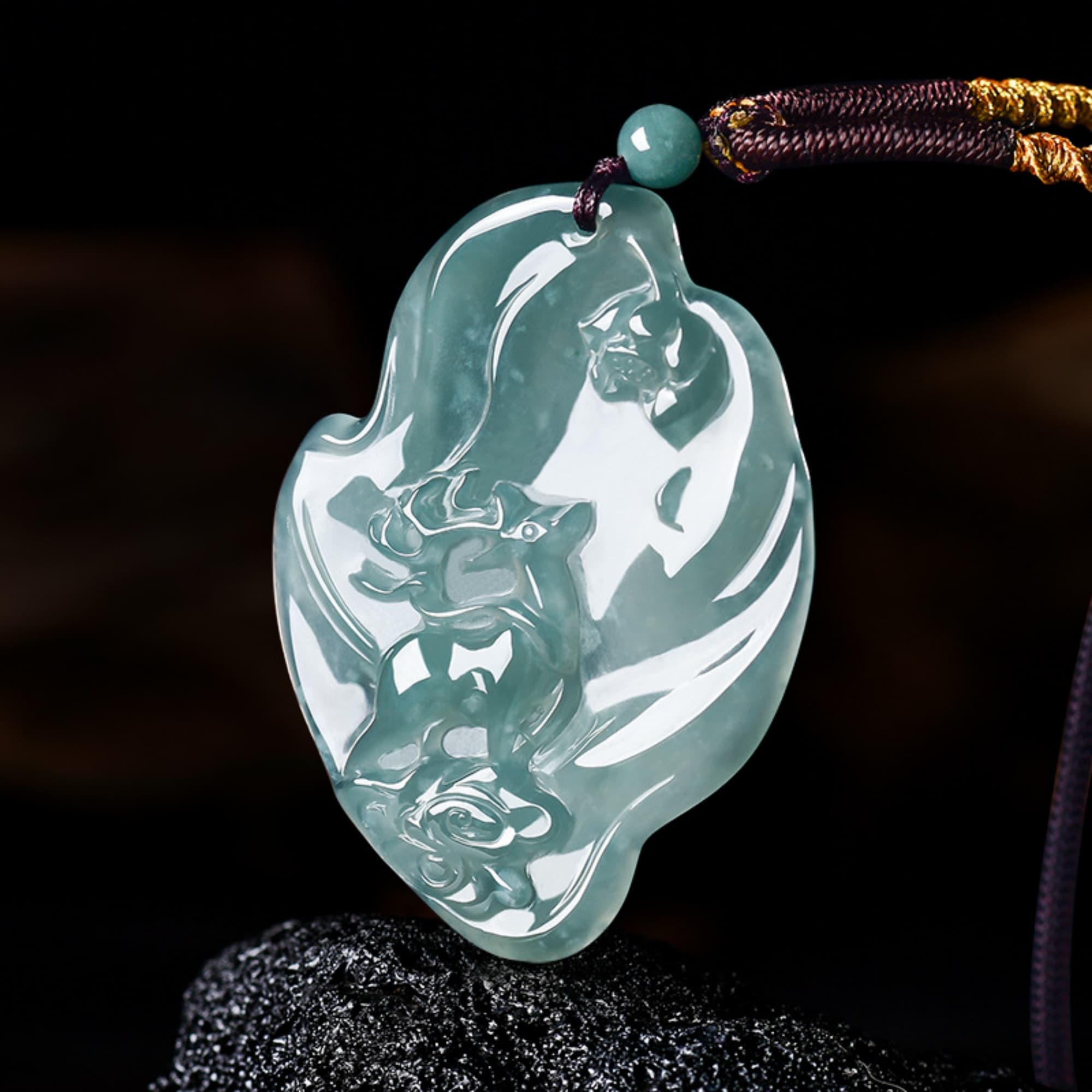DDP 55.5mm Natural Certificated Type A Untreated Blue Watery Guatemalan Jadeite Irregular Pendant With Deer And Lotus Carved