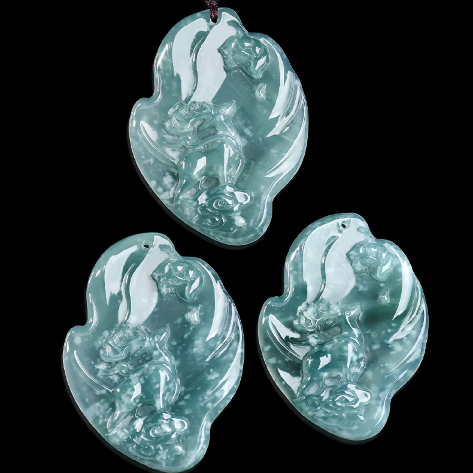 DDP 55.5mm Natural Certificated Type A Untreated Blue Watery Guatemalan Jadeite Irregular Pendant With Deer And Lotus Carved