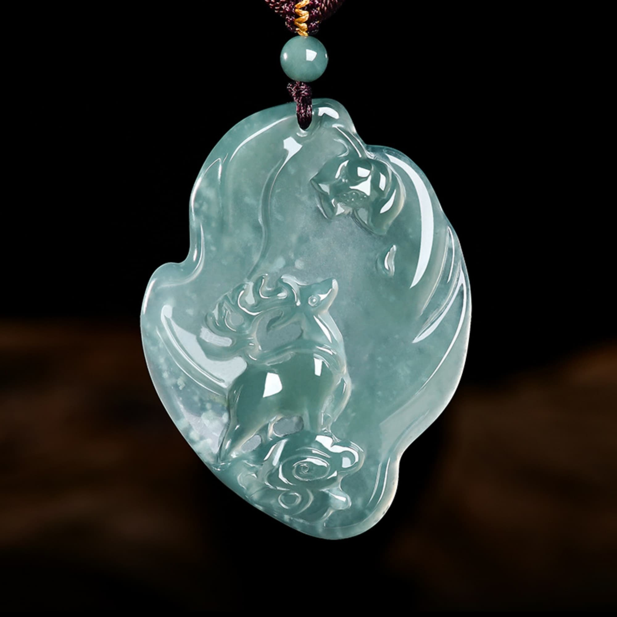 DDP 55.5mm Natural Certificated Type A Untreated Blue Watery Guatemalan Jadeite Irregular Pendant With Deer And Lotus Carved