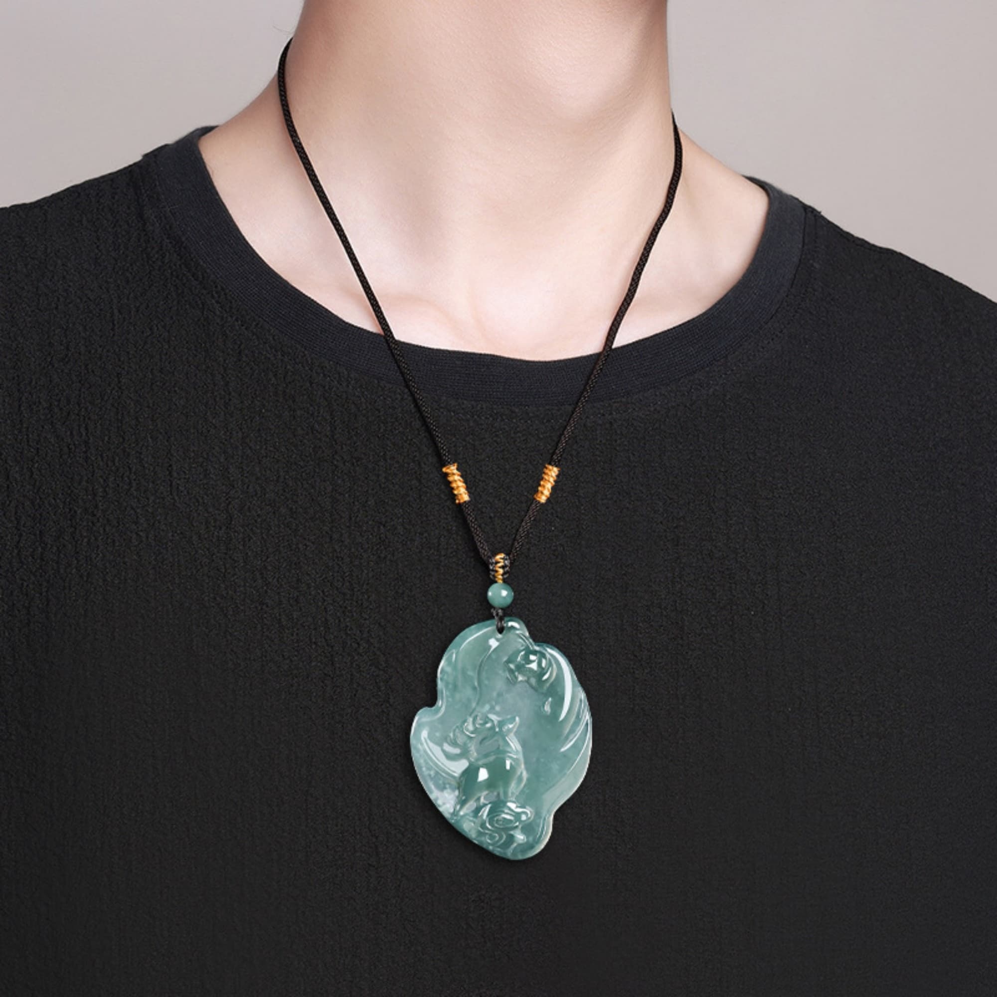 DDP 55.5mm Natural Certificated Type A Untreated Blue Watery Guatemalan Jadeite Irregular Pendant With Deer And Lotus Carved