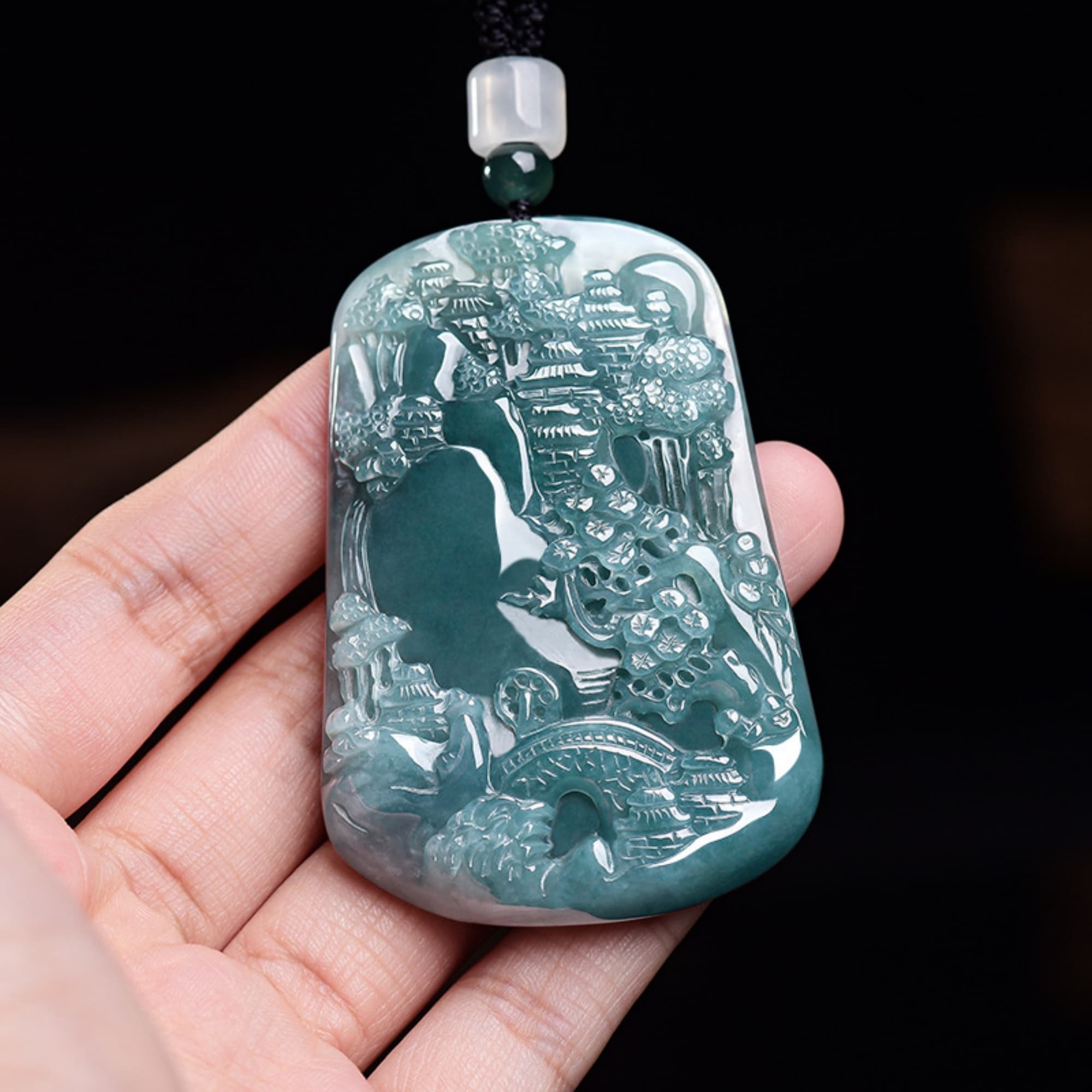 DDP 63.5mm Natural Certificated Type A Untreated Blue Watery Guatemalan Jadeite Trapezoid Pendant With Landscape Carved