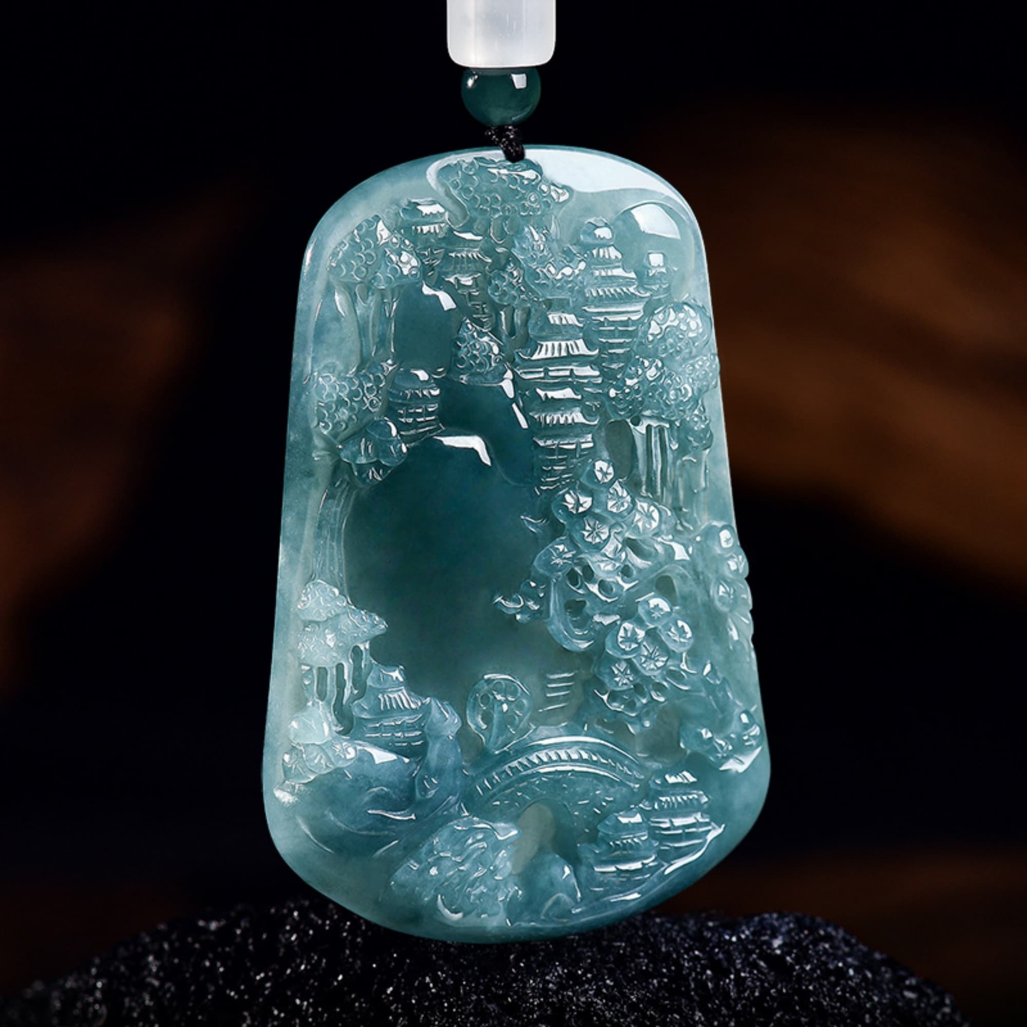 DDP 63.5mm Natural Certificated Type A Untreated Blue Watery Guatemalan Jadeite Trapezoid Pendant With Landscape Carved