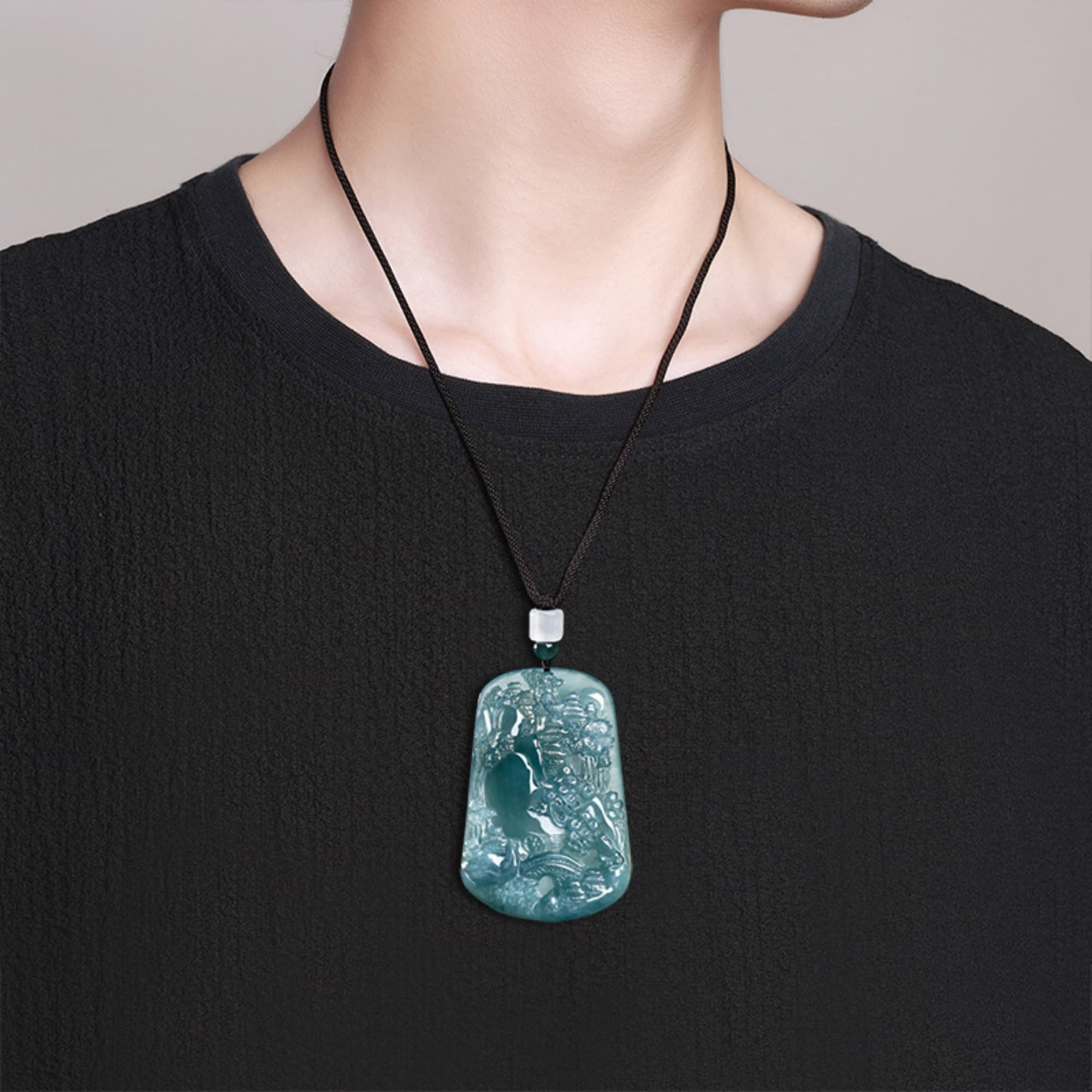 DDP 63.5mm Natural Certificated Type A Untreated Blue Watery Guatemalan Jadeite Trapezoid Pendant With Landscape Carved