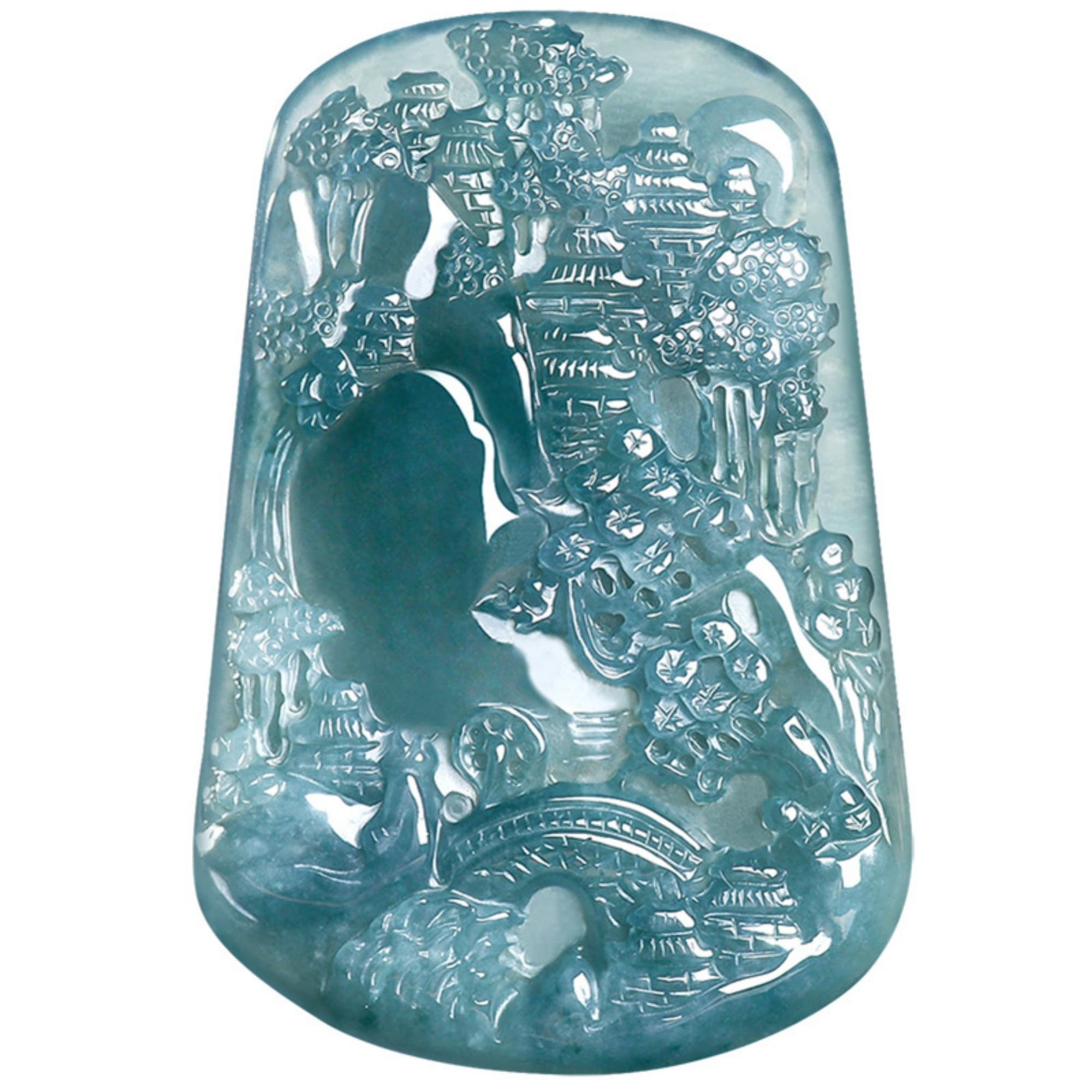 DDP 63.5mm Natural Certificated Type A Untreated Blue Watery Guatemalan Jadeite Trapezoid Pendant With Landscape Carved