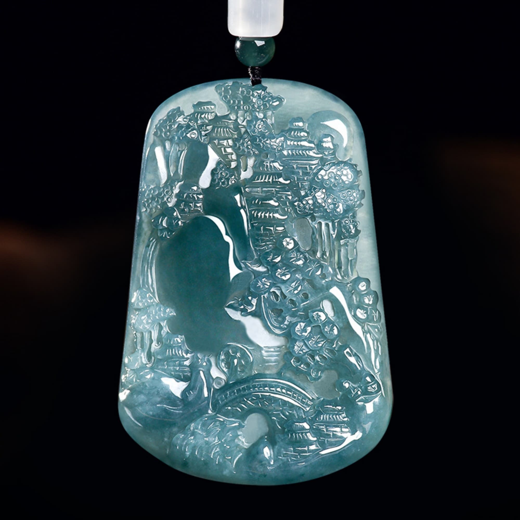 DDP 63.5mm Natural Certificated Type A Untreated Blue Watery Guatemalan Jadeite Trapezoid Pendant With Landscape Carved