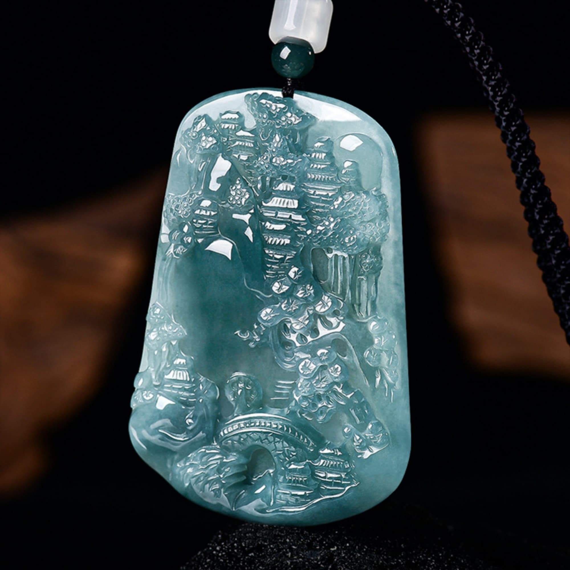 DDP 63.5mm Natural Certificated Type A Untreated Blue Watery Guatemalan Jadeite Trapezoid Pendant With Landscape Carved