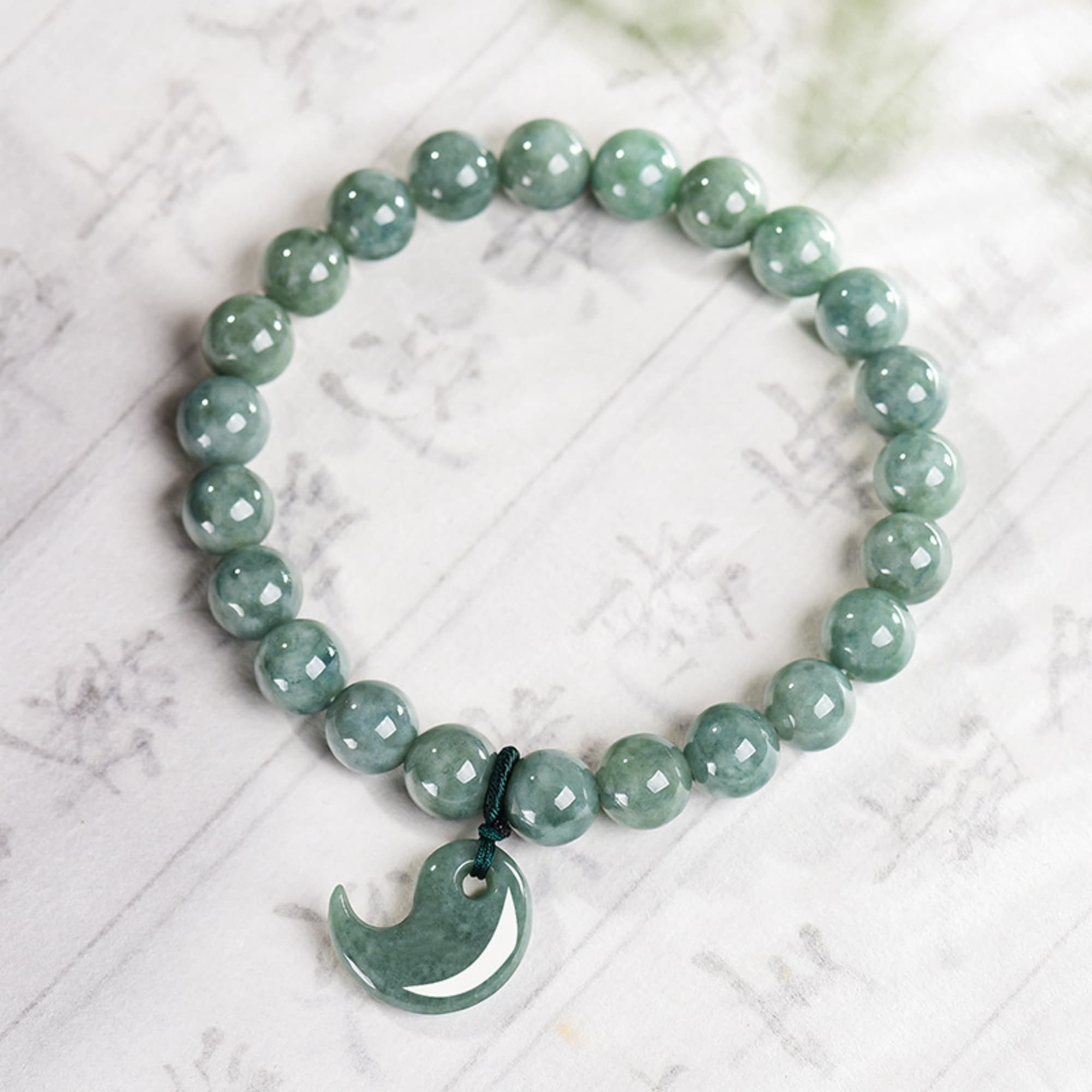 DDP 14-16cm Natural Certificated Type A Bean Green Burmese Jadeite Round Beads Magatama Bracelet